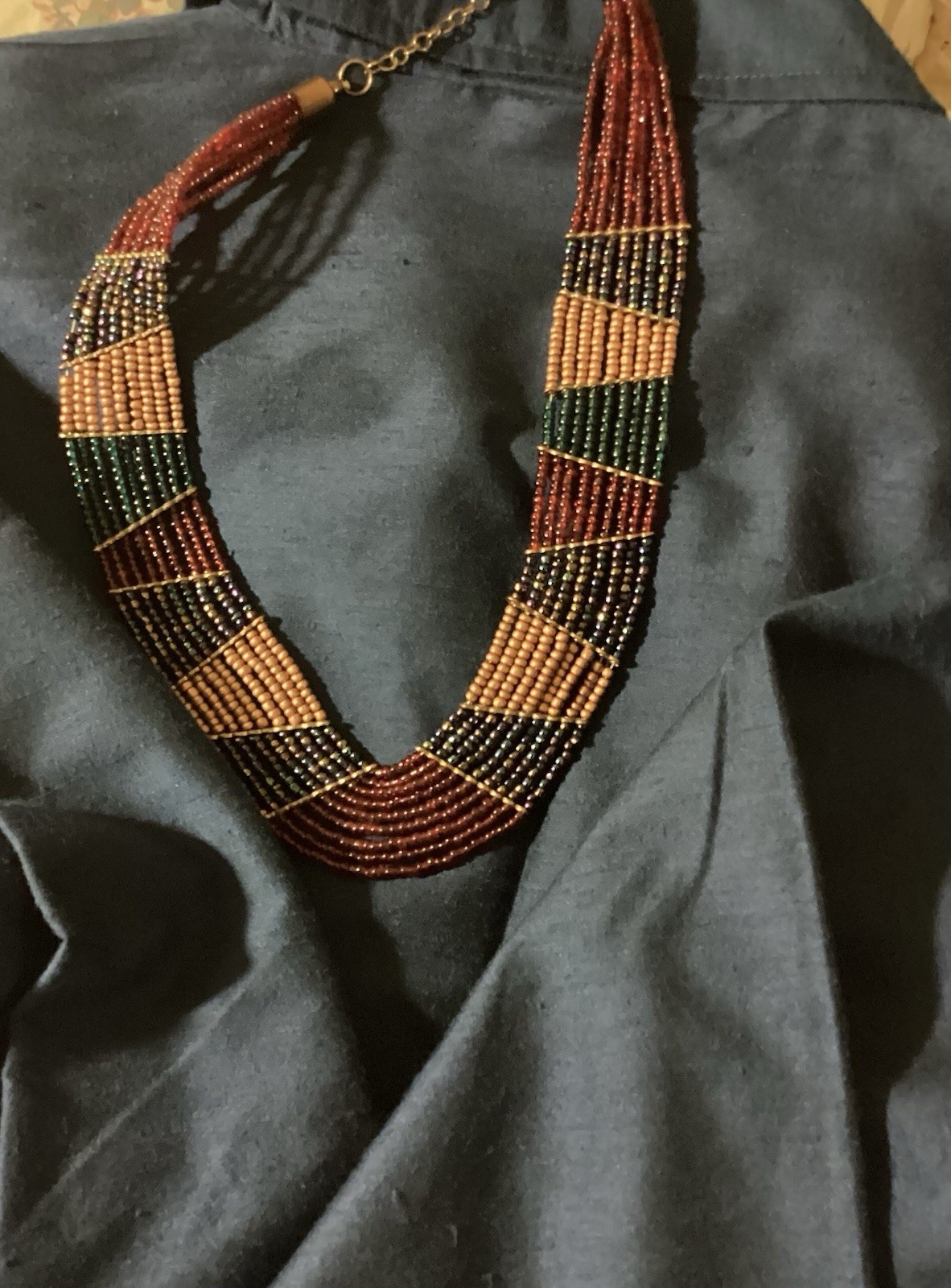 Versatile Statement Necklace Burgundy Gold Teal Iridescent Glass Bead Cleopatra