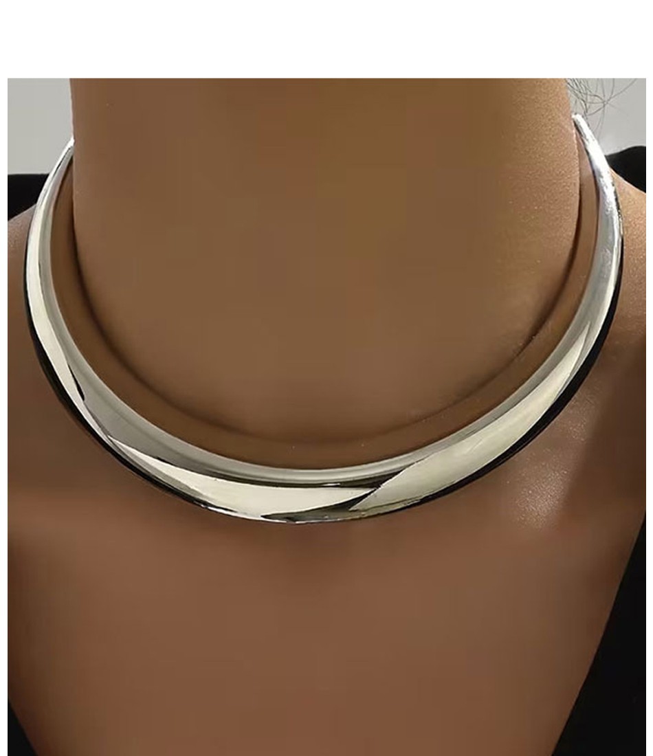 Metal Collar Choker Necklace Silvertone