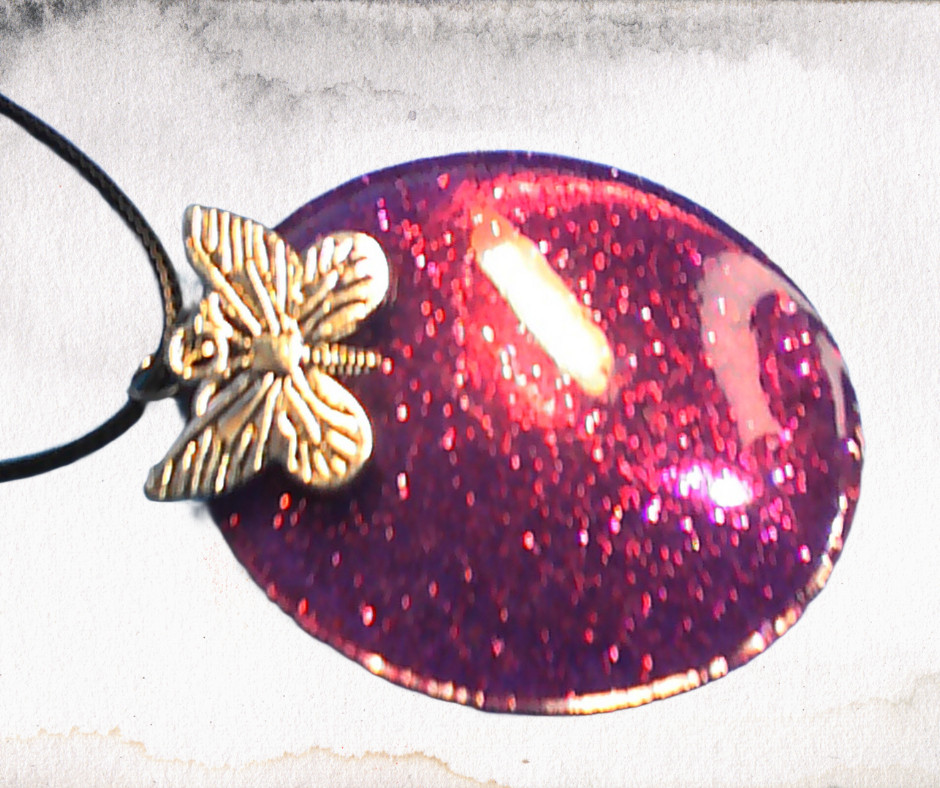 Handmade Oval Butterfly Resin Pendant Necklace Glitter Silver Charm Black Cord 1