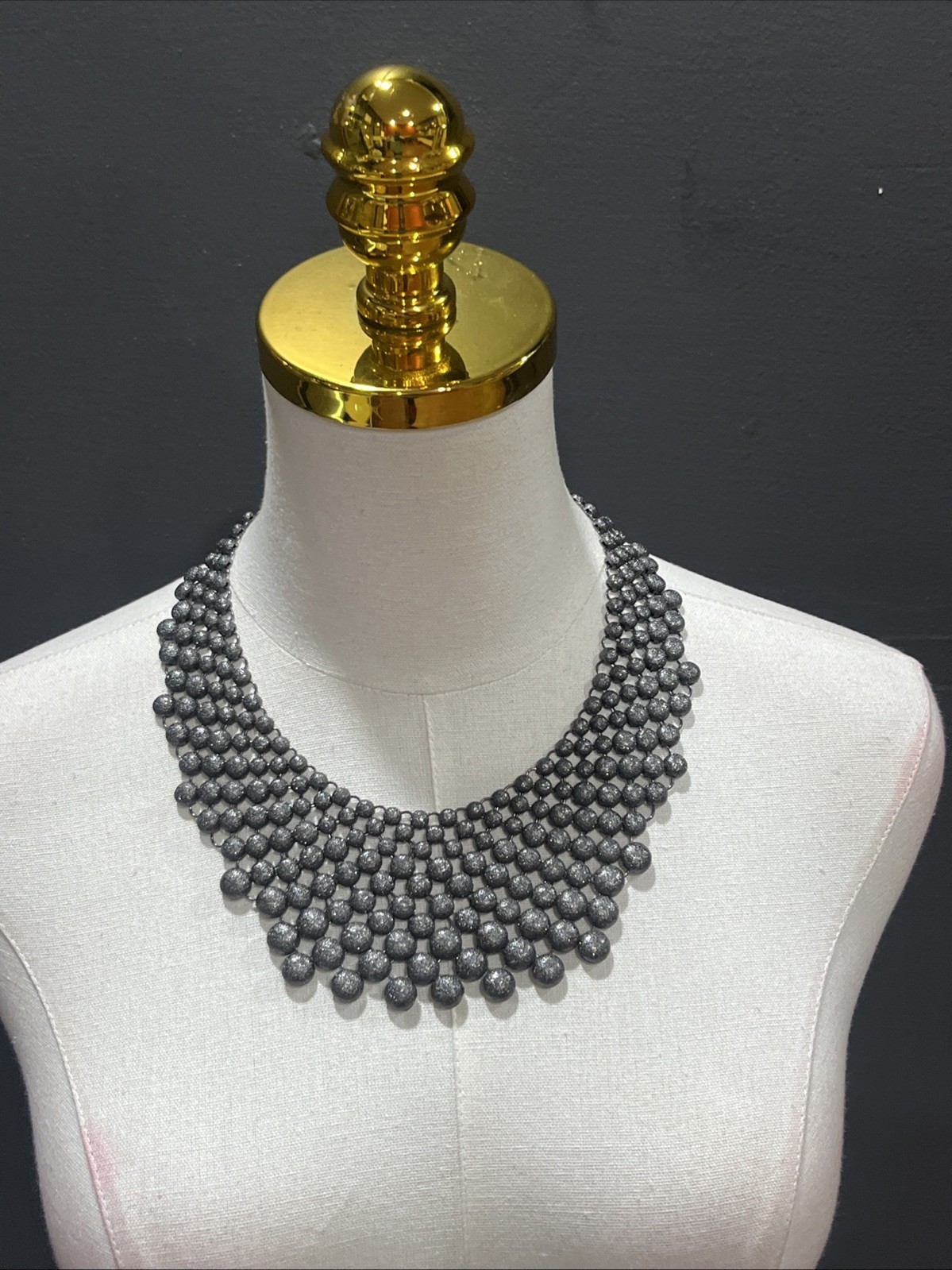 Gray Beaded Bib Statement Necklace Chunky Layered Collar Jewelry Smoky Grey