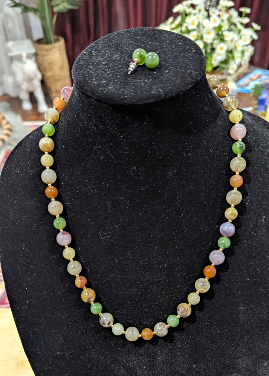 Multicolor Round Stone Beaded Necklace Ball With Matching Earrings