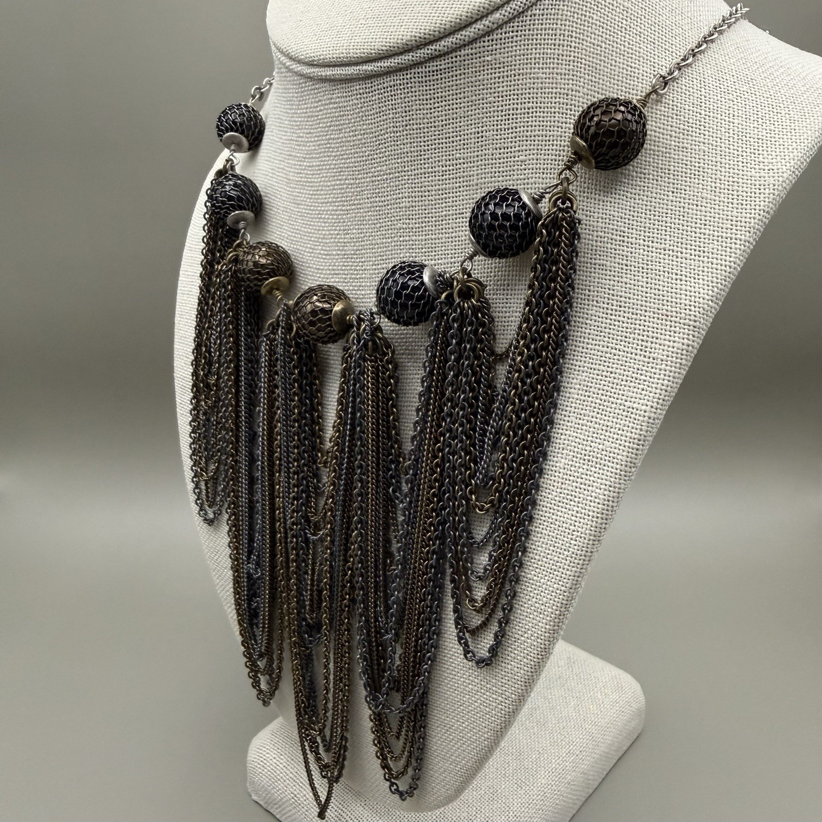 Madewell 1937 Bib Necklace Multi Chain Mixed Metal Mesh 24″ Industrial Boho Punk