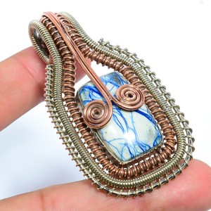 Blue Sea Sediment Jasper Handmade Wire Work Pendant 2.73″ T78