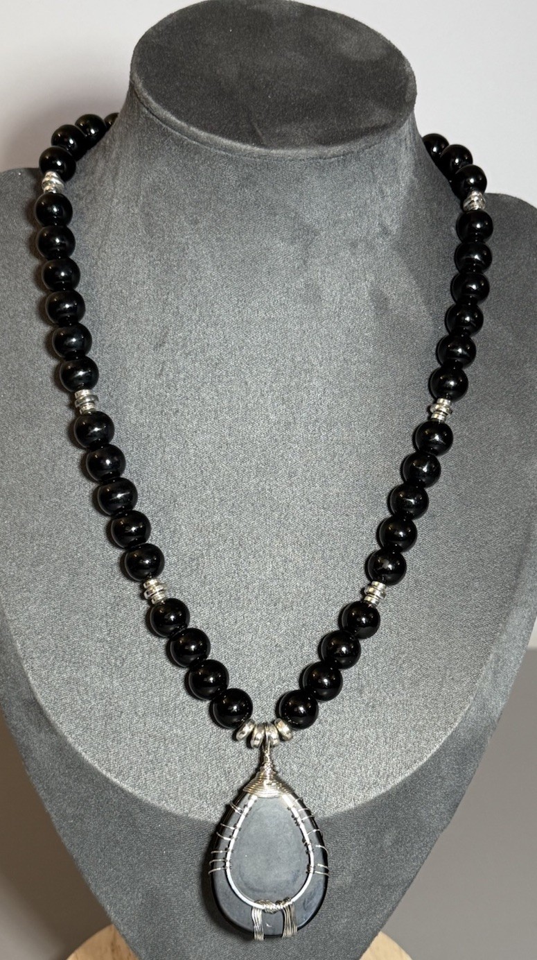 Statement Necklace Obsidian Beads & Silver Tone Wire Wrapped Obsidian Pendant