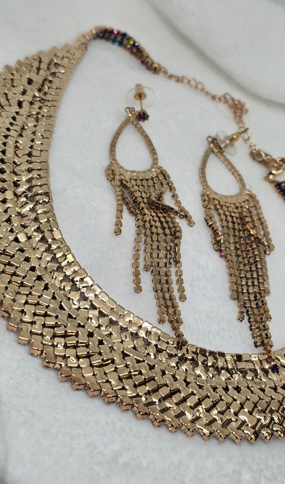NATASHA Designer Necklace Earring Set Bib Stagewear AB Multicolor Rhinestones