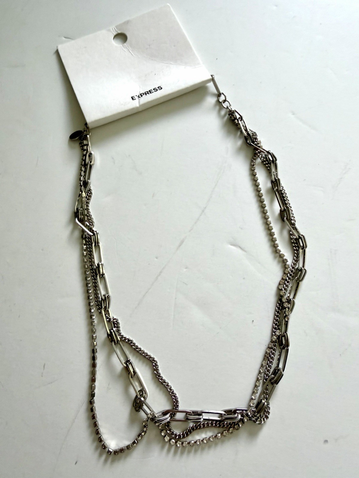 New Express Layered Multi Chain Necklace Paperclip Link Rhinestones Twisted NWT