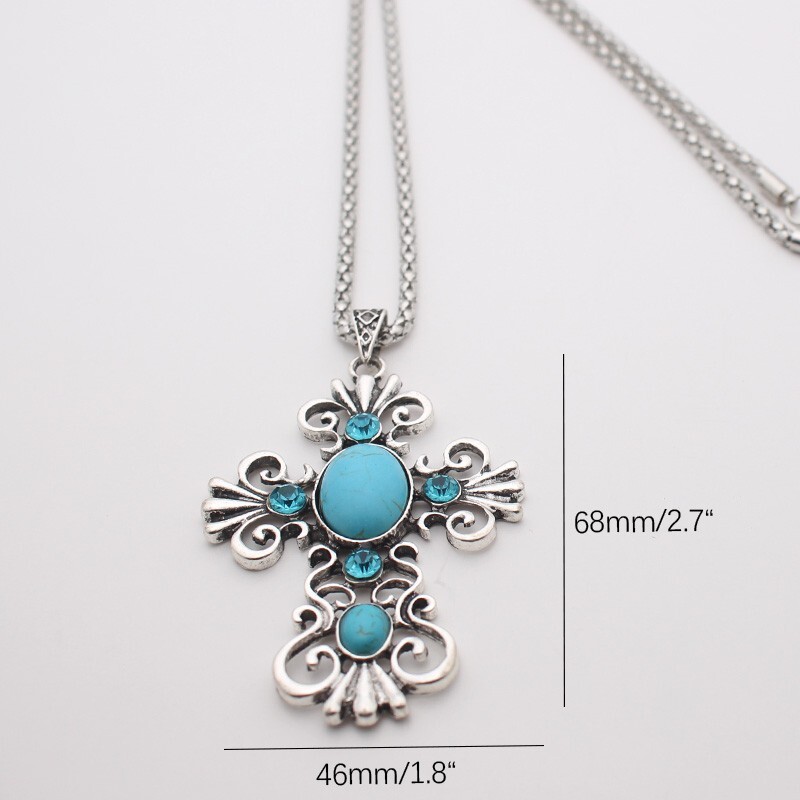 Boho Reconstructed Turquoise Magnesite Stone Cross Rhinestone Pendant 21″ Chain