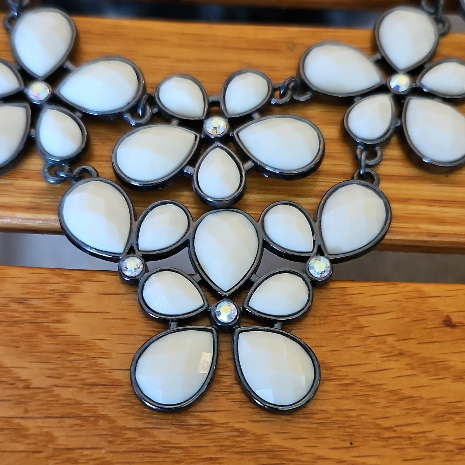 White Flower Bib Statement Necklace, Black Cable Chain, Rhinestone, Adjustable