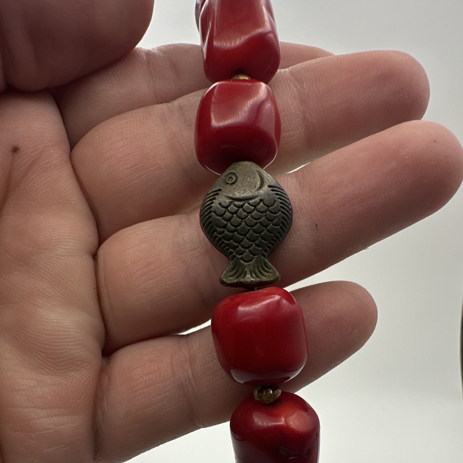 Red Plastic Metal Beaded Necklace Fish Links Spacer Hook Clasp
