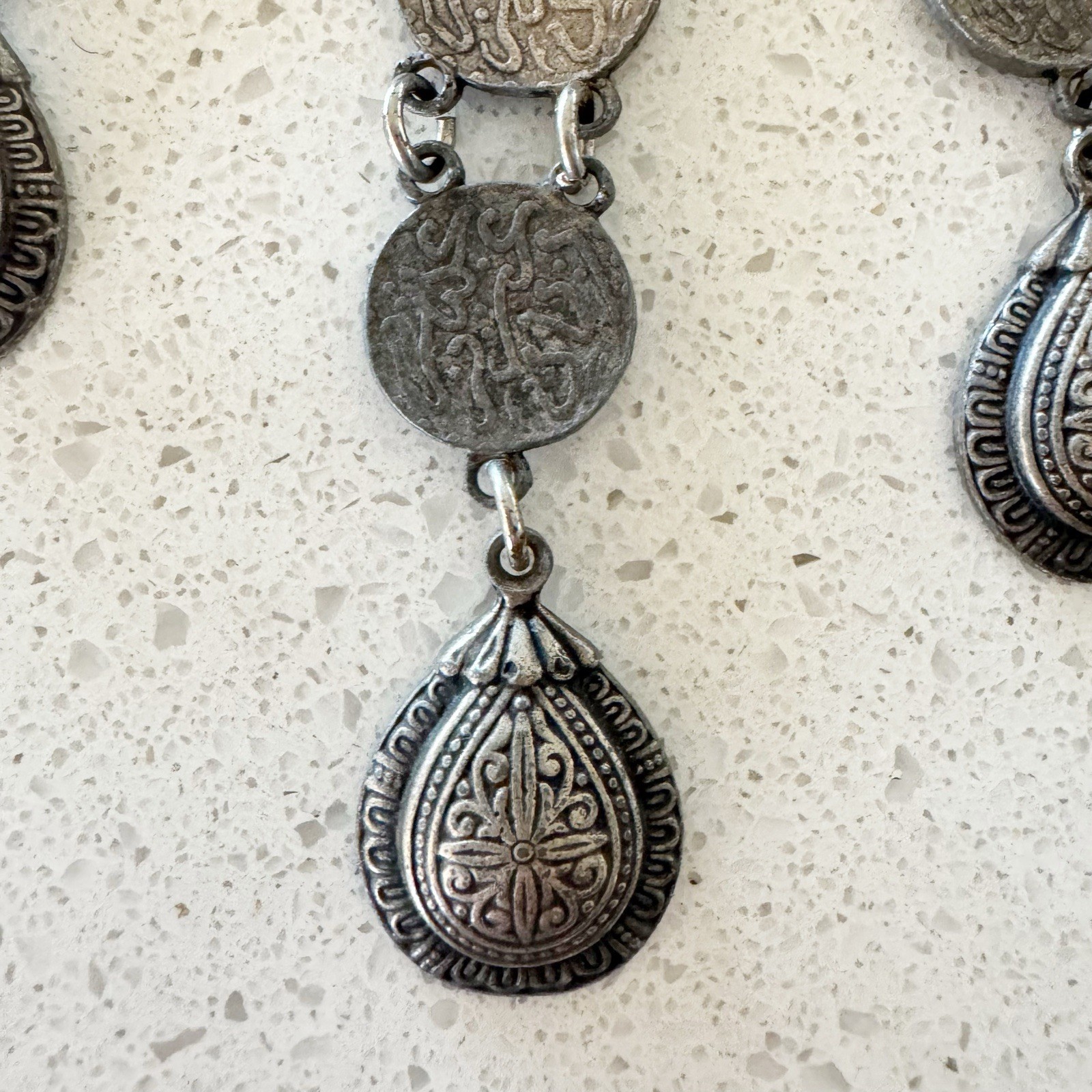 Silver Tone Metal Tear Drop Dangle Bib Coin Necklace