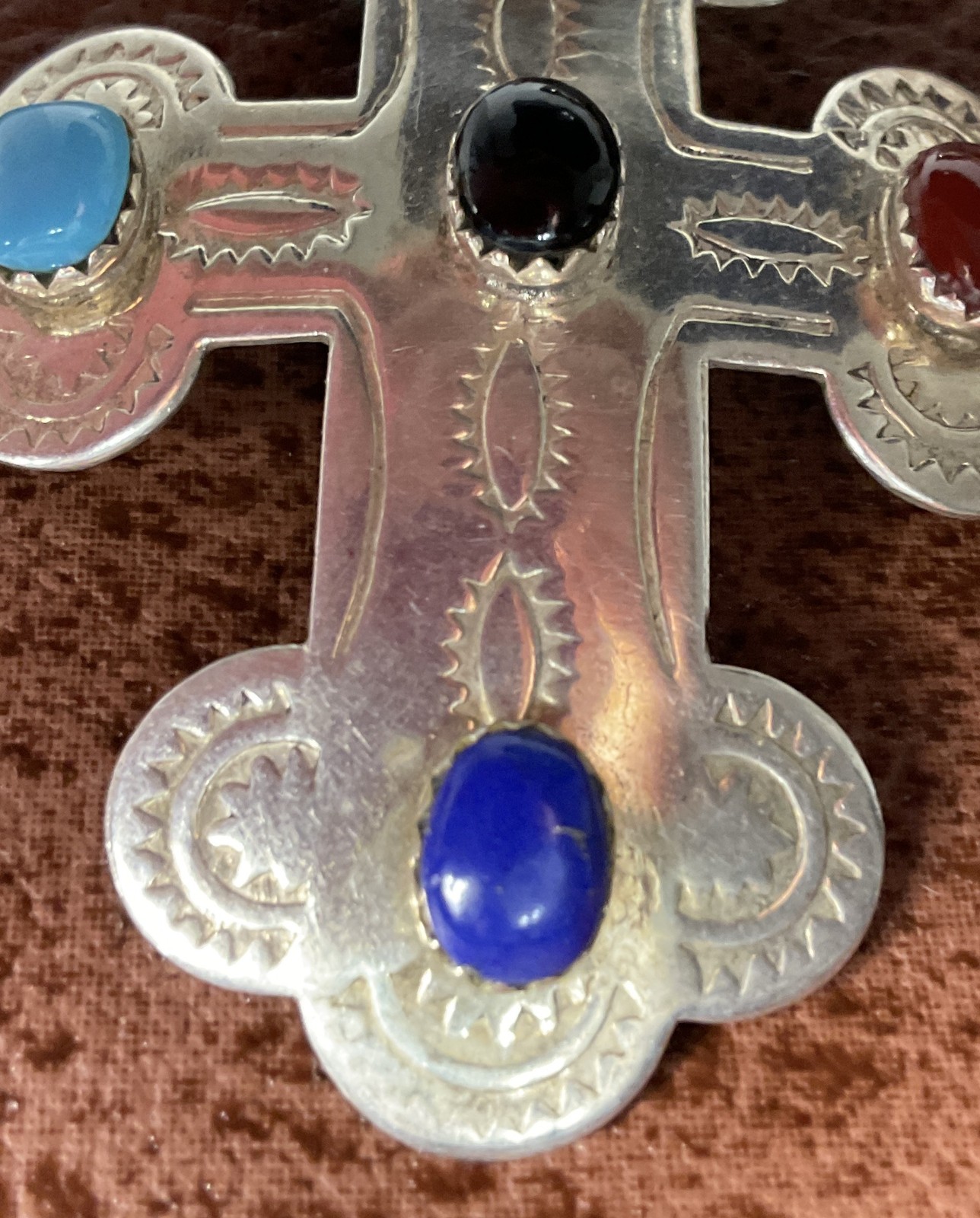 Sterling Silver Multi-Stone Cabochon Cross Pendant — 925 Thailand — Turquoise, L