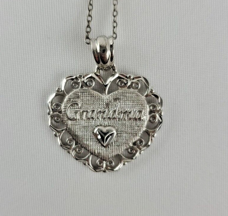 Vtg 925 Sterling Silver Necklace Grandma Pendant Heart Filigree Lace 17 in Chain