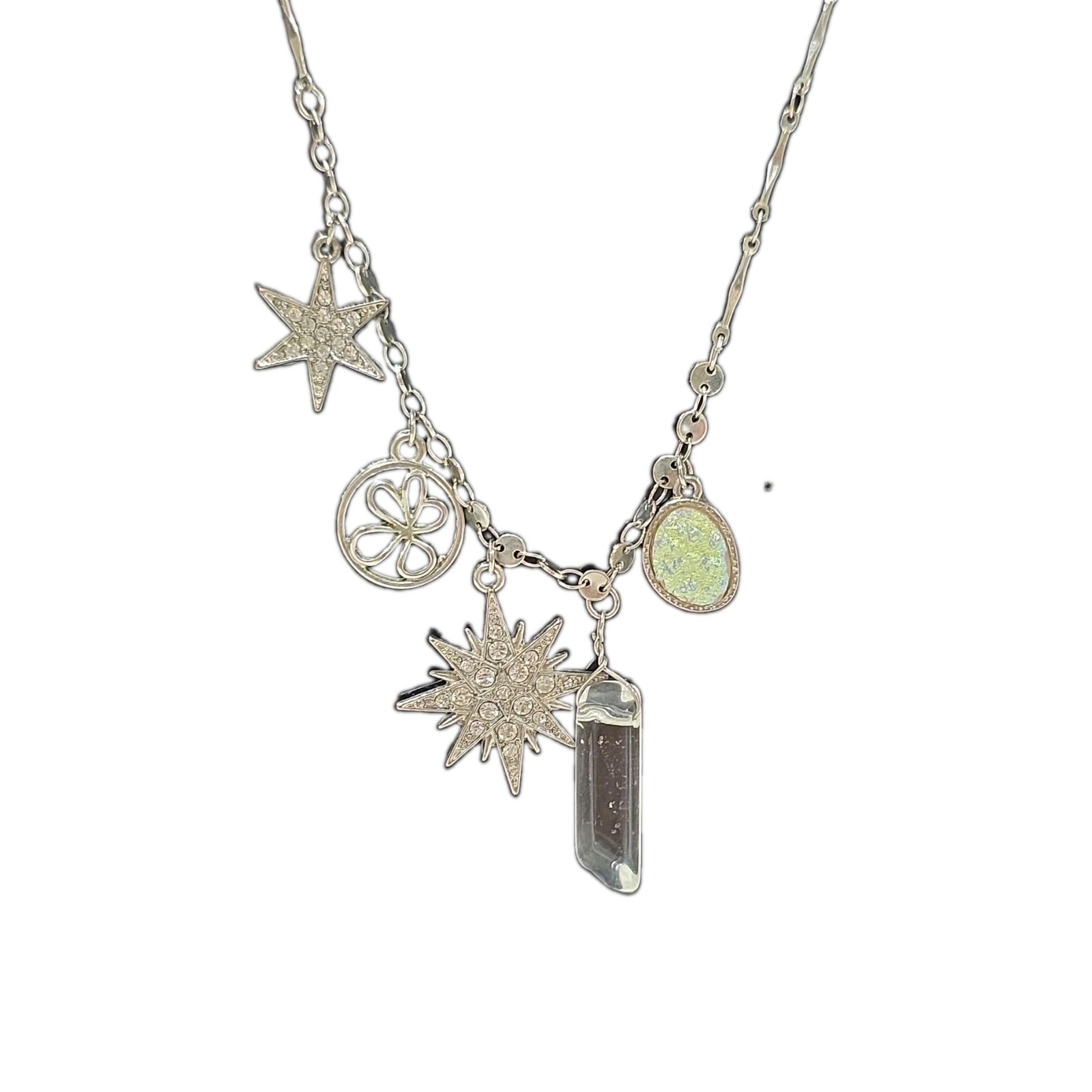 Silver Tone Celestial Star Charm Necklace Clear Crystal Hexagon Pendant Toggle