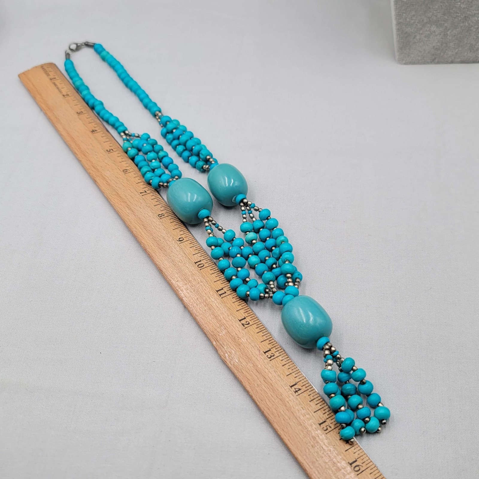 Turquoise Blue Resin Statement Bead Necklace Tassel Pendant 24″