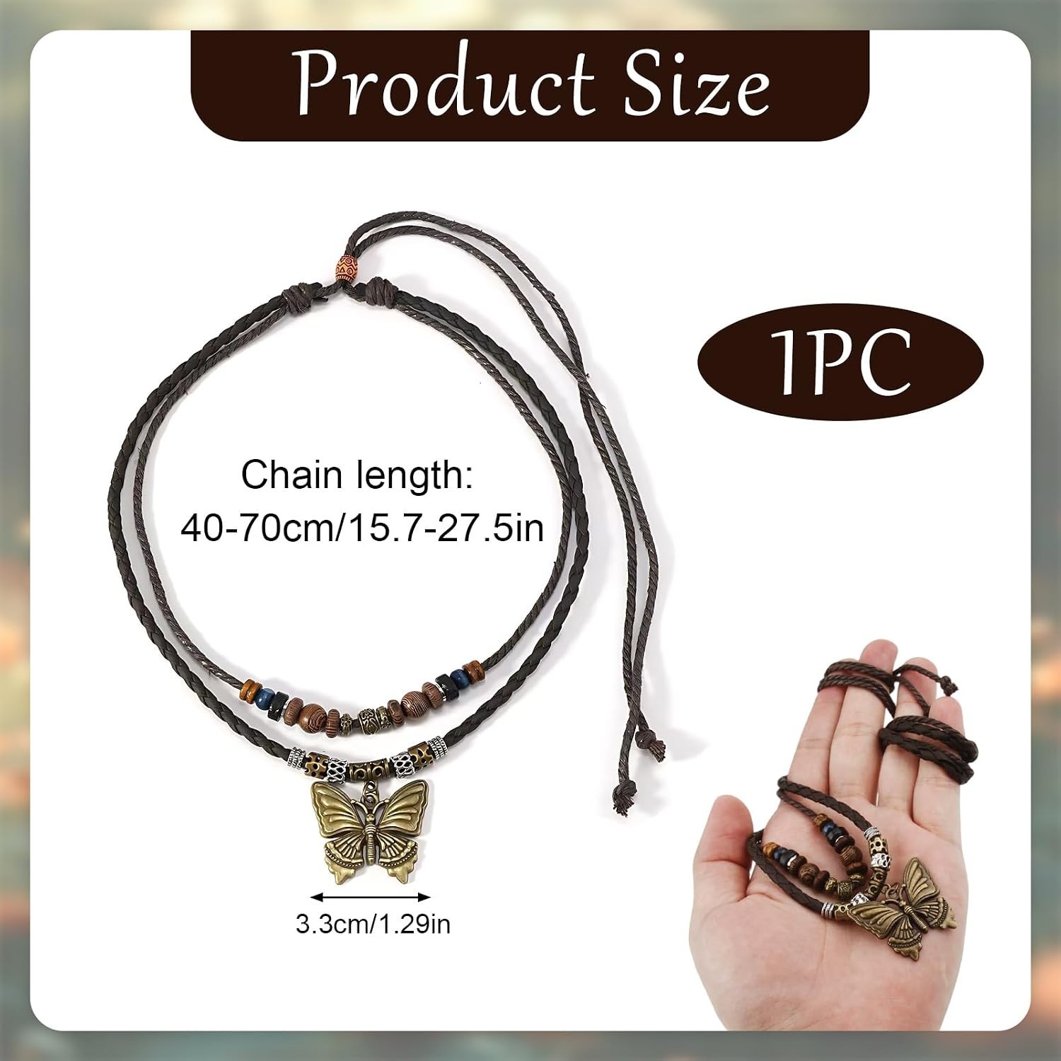 Bohemian Butterfly Pendant Necklace: Adjustable Wooden Beads & Braided Choker
