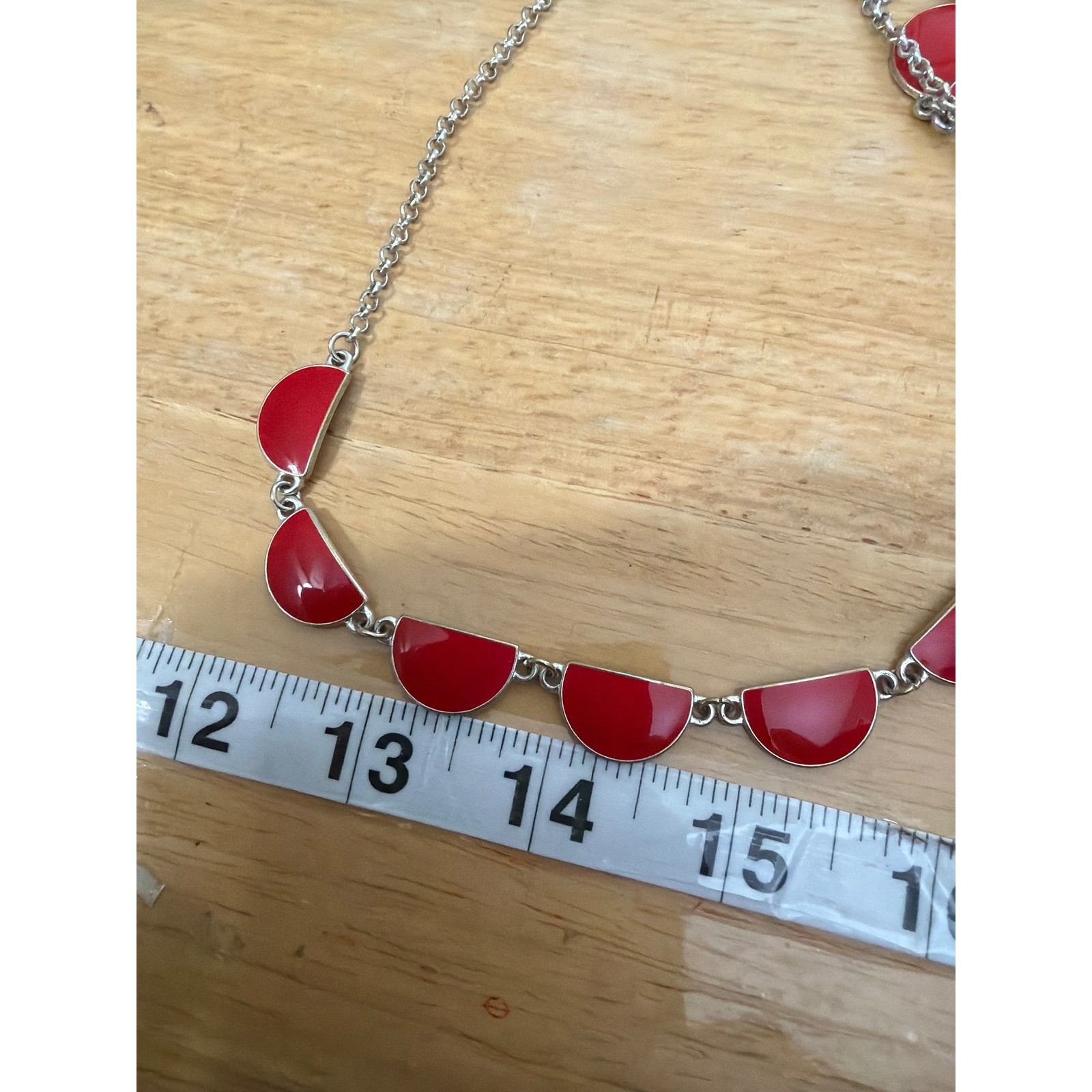 Red Enamel Layered Statement Necklace Silver Tone 3 Strand Geometric Semi Circle