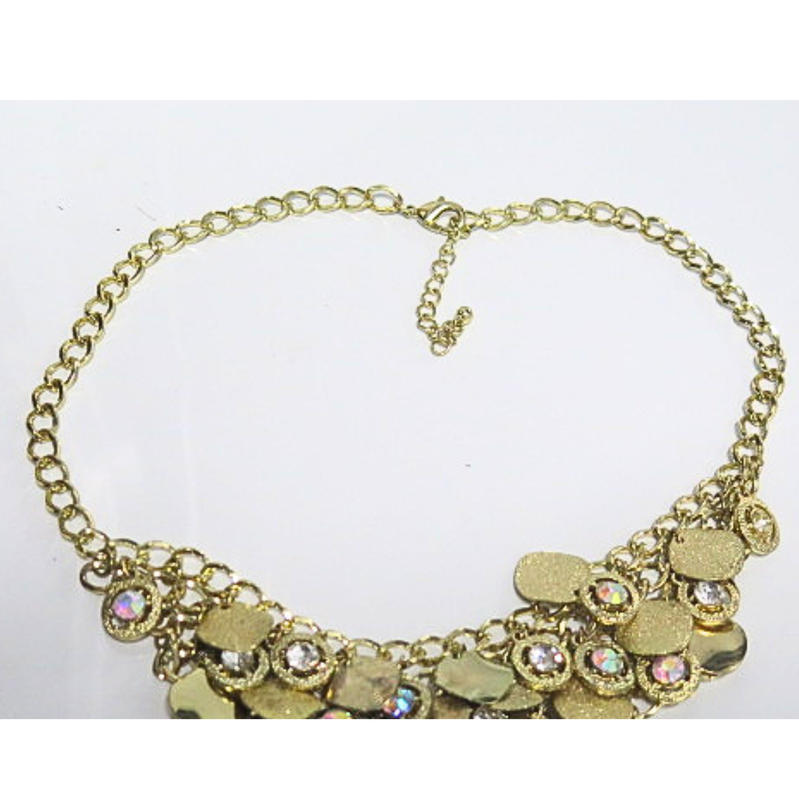 Gold Tone Crystal Coin Statement Bib Necklace AB Rhinestones Adjustable