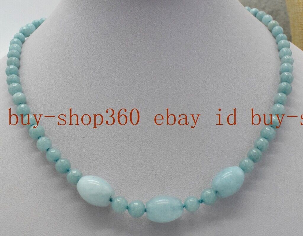 Natural 8mm Blue Round Aquamarine+8x12mm Aquamarine Rice Gemstone Necklace 18”