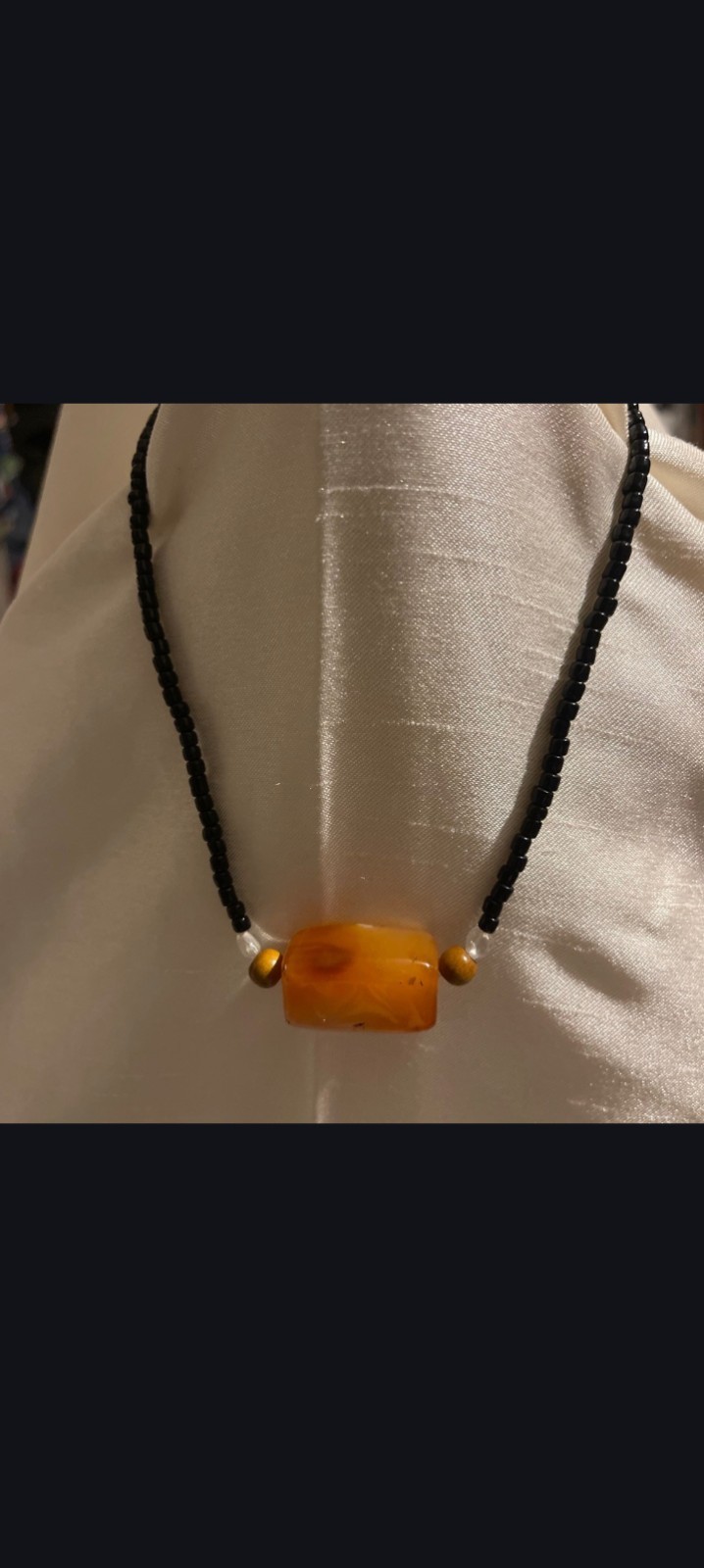 Black Beaded Ball Chain Necklace w/ Orange Rectangle Pendant Charm, Stone Glass