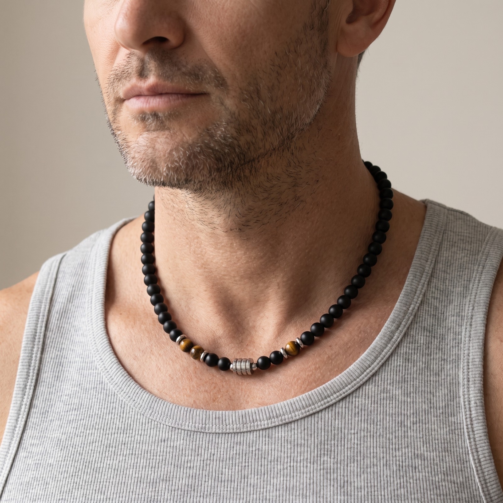 Mens Tiger Eye Black Beaded Necklace Stainless Steel OT Clasp Boho Healing Gift