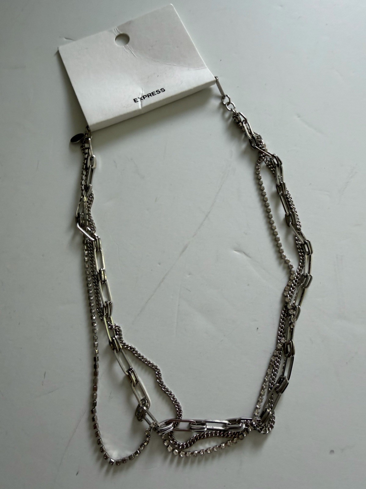New Express Layered Multi Chain Necklace Paperclip Link Rhinestones Twisted NWT