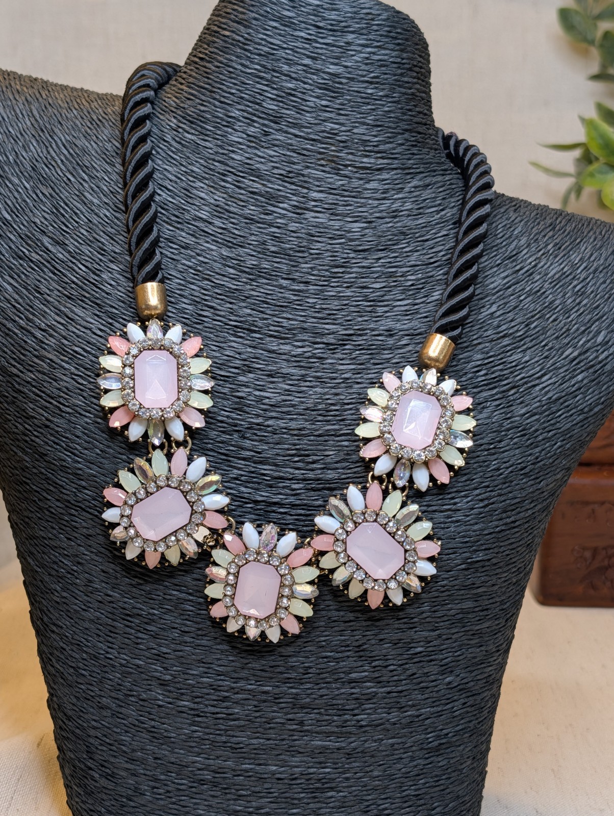 Cara NY Statement Necklace Pink Rhinestone Bib Pastel Floral Black Cord Y2K