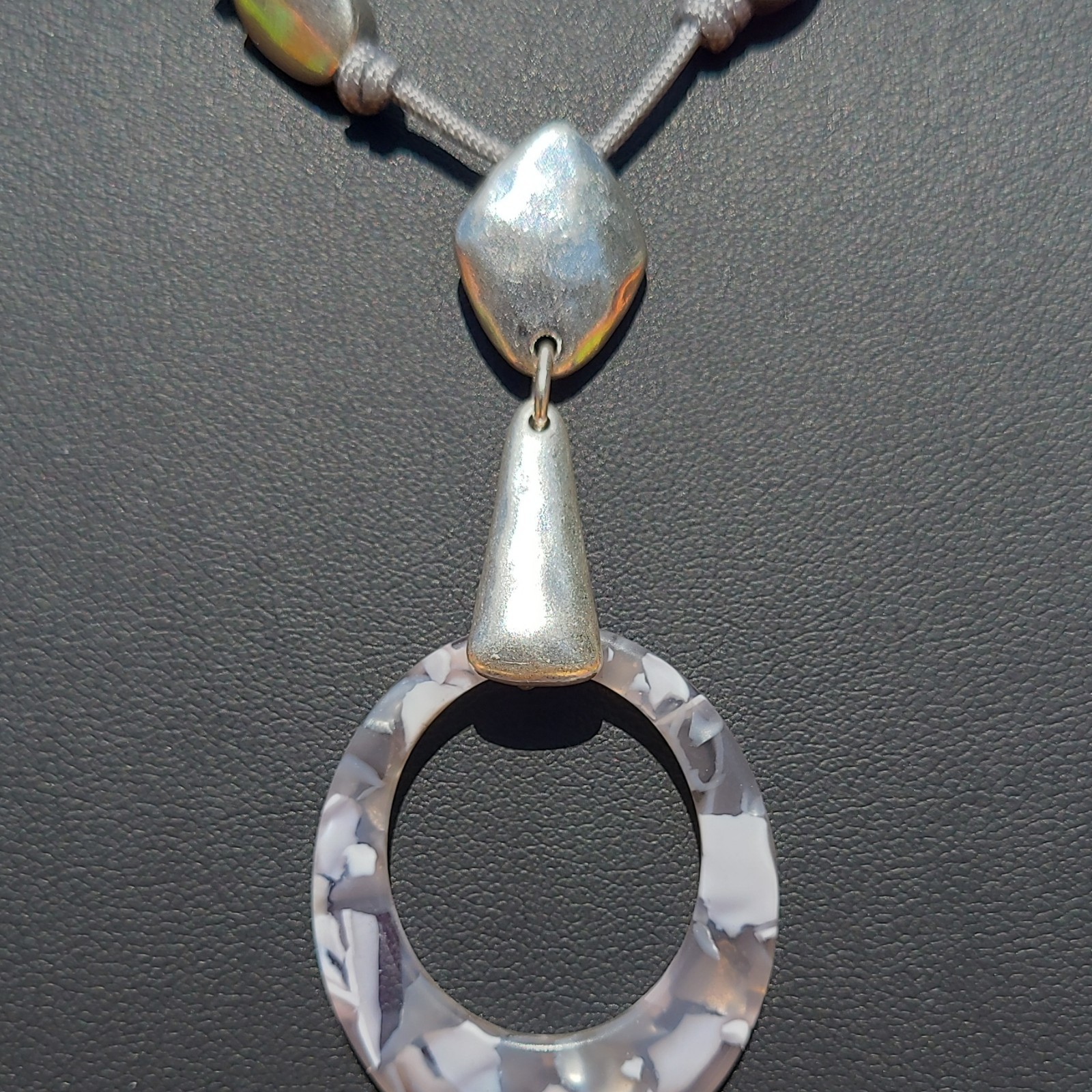 Silver Tone Cord Necklace Round Gray Acrylic Charm Pendant Toggle, Adjustable