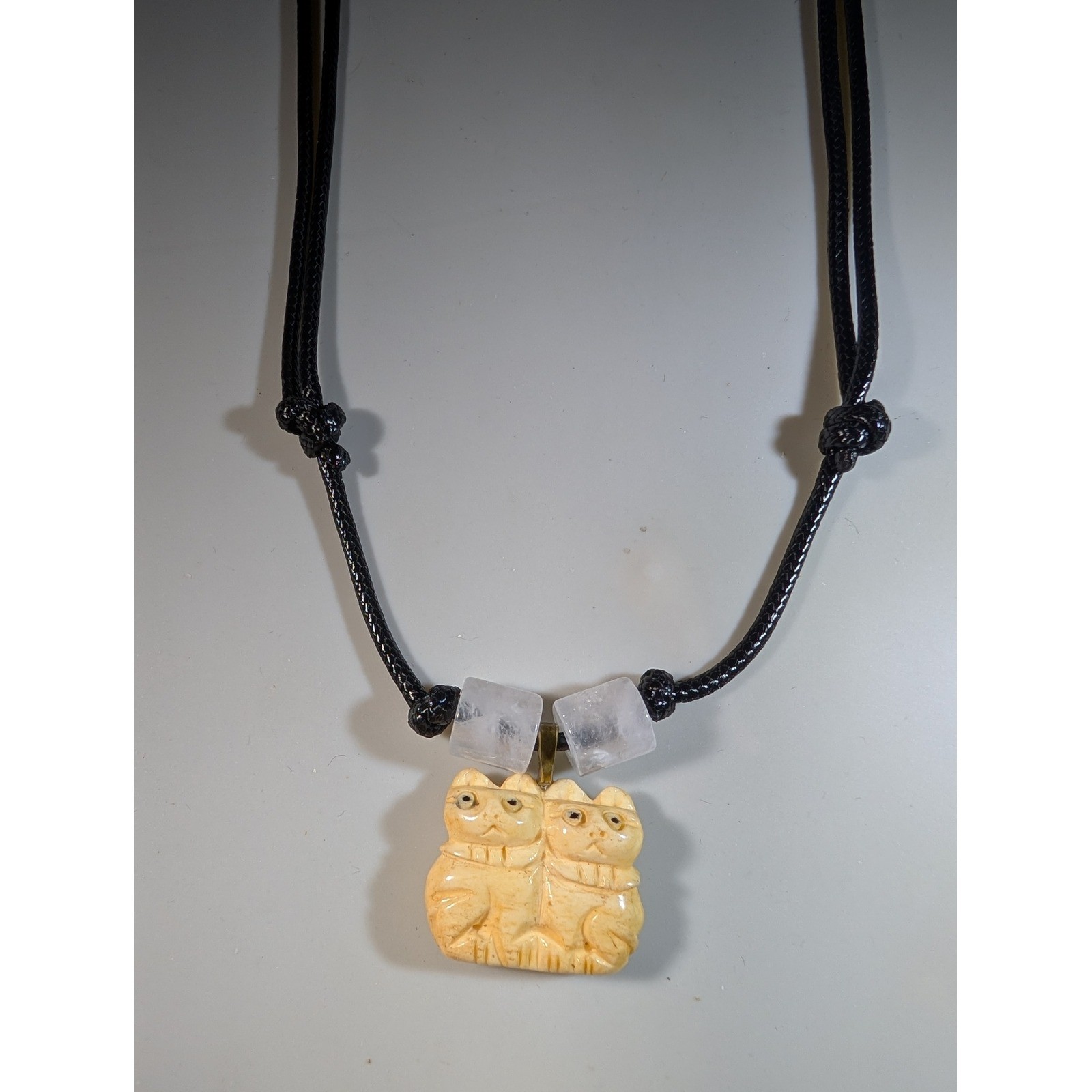 Hand Carved Double Cat Pendant Necklace Adjustable Black Cord Quartz Beads Cream