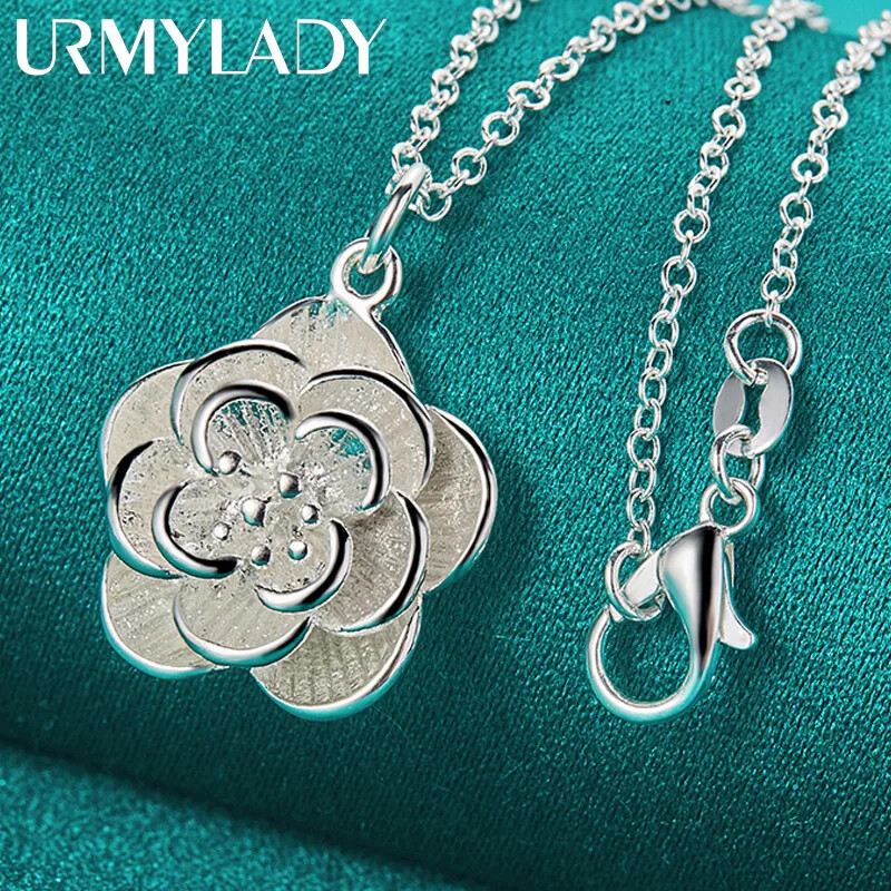 URMYLADY 925 Sterling Silver Rose flower 16-30 Inch Pendant Necklace Jewelry