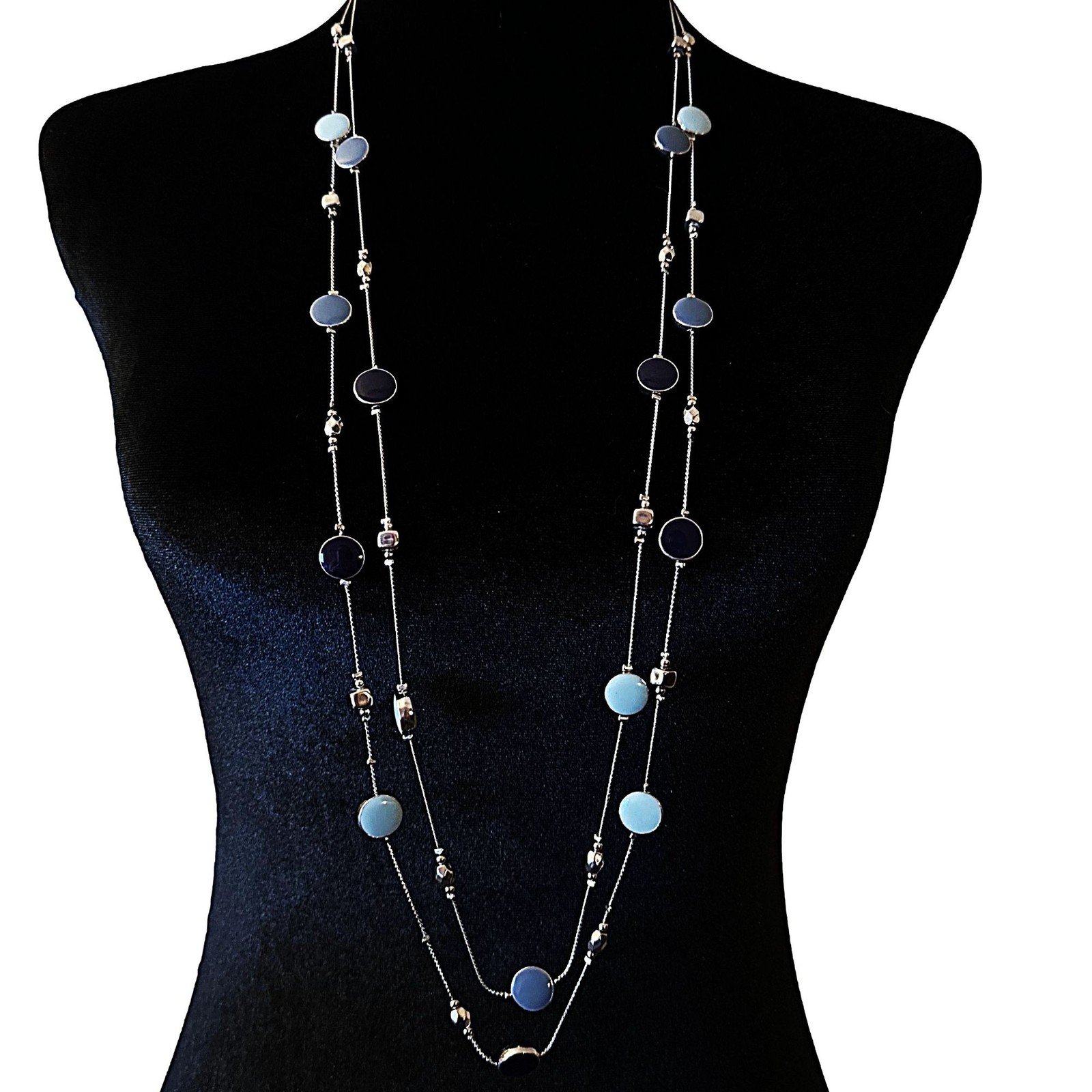 Long Double Strand Necklace Sky Blue Navy Enamel Beads Silver Tone NWOT Womens