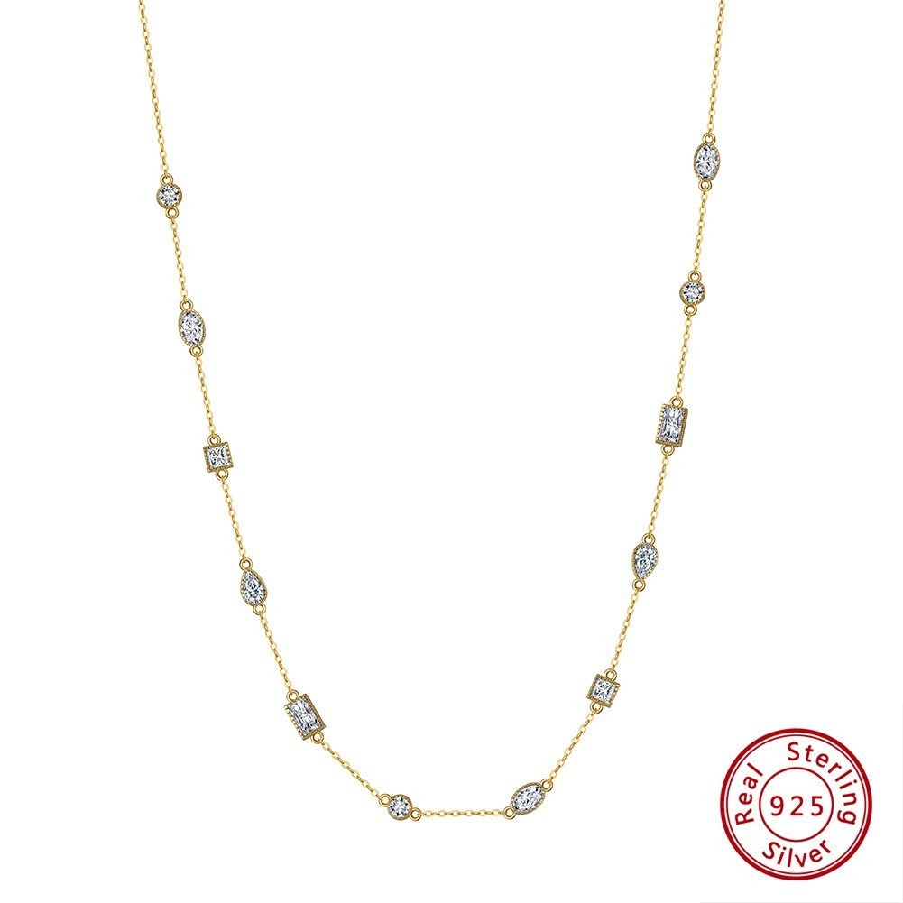 925 Sterling Silver Mixed Shape CZ Bezel Station Necklace for Women