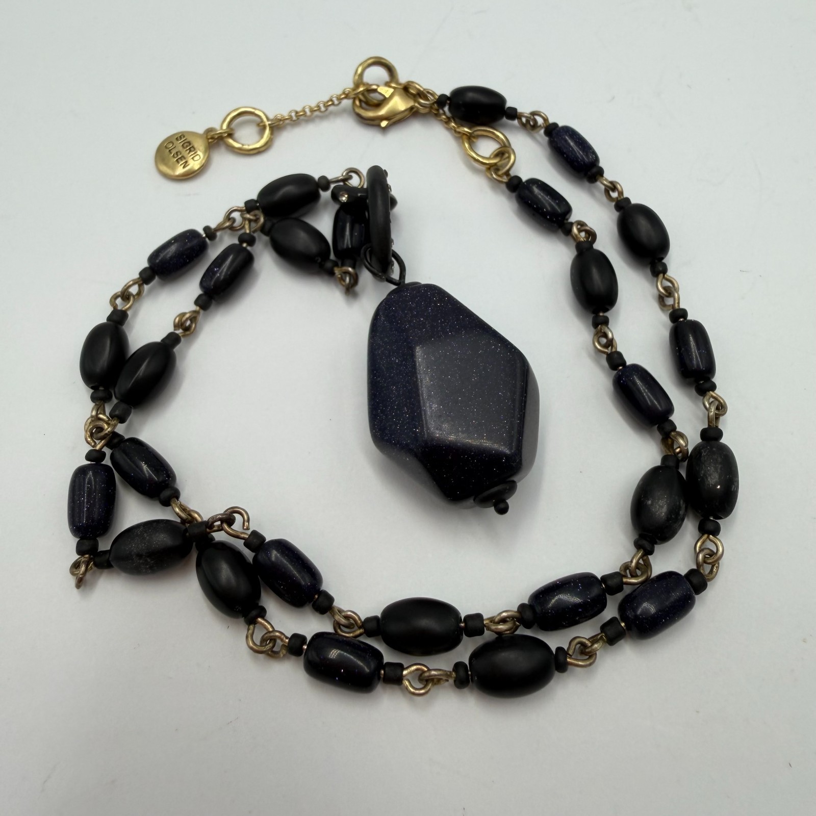 Vintage Black Beaded Pendant Necklace Gold Tone Toggle Clasp 1980s Style 45cm