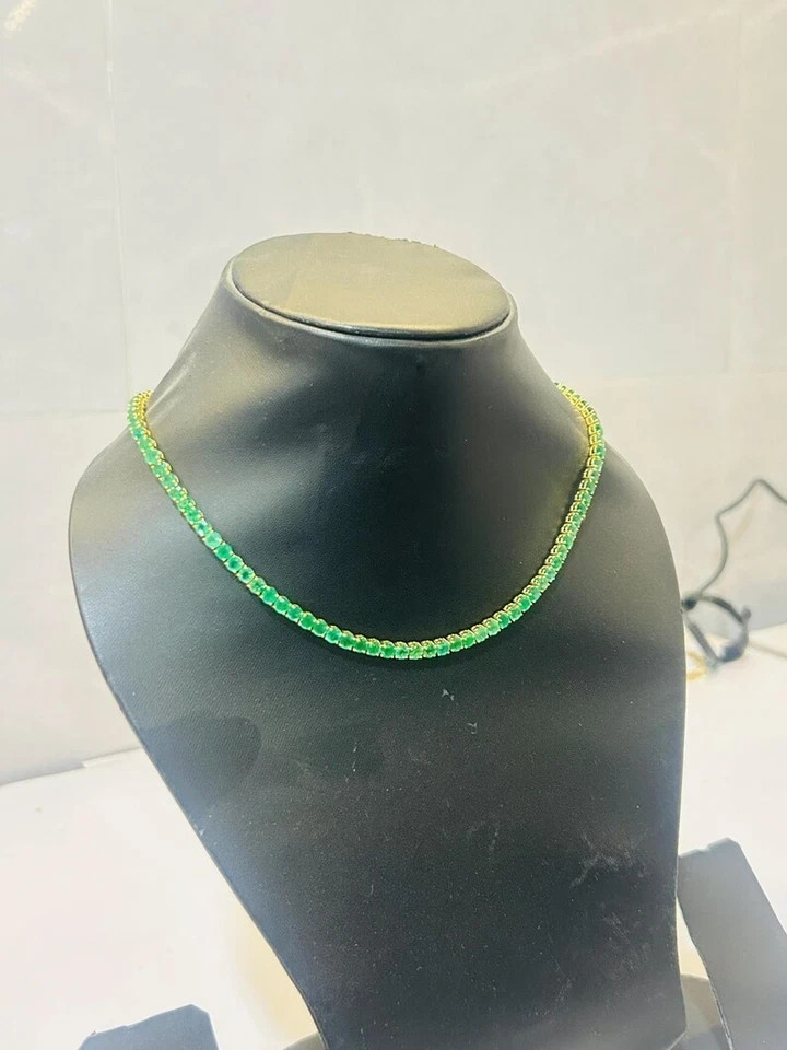 18ct Lab Created Round Cut 4mm Emerald 14K Yellow Gold Plated Tennis Necklace