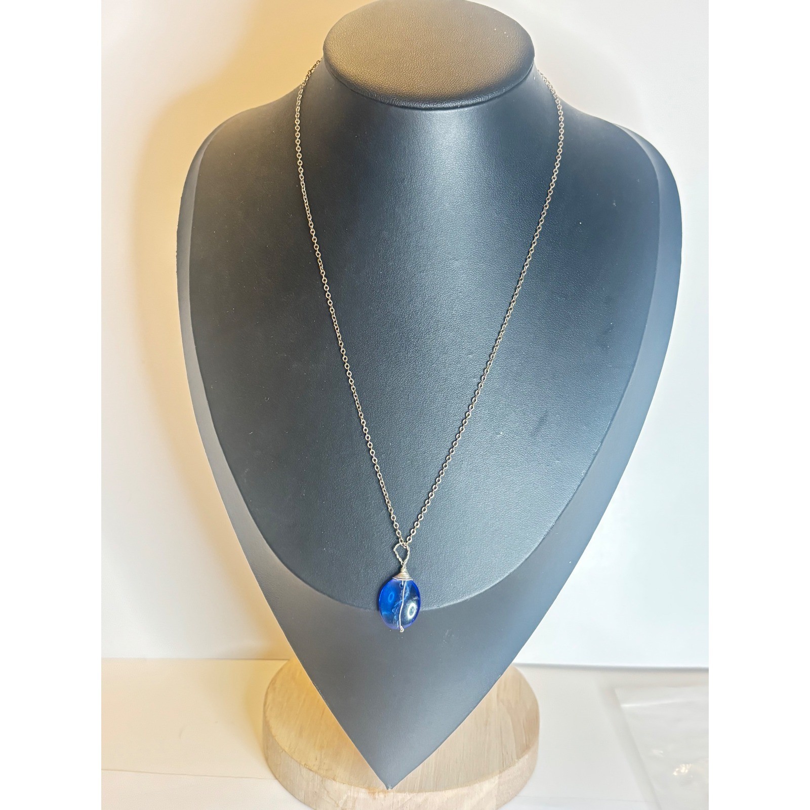 Handmade Cobalt Blue Glass Wire Wrapped Pendant Necklace 18″ Silver Tone Chain