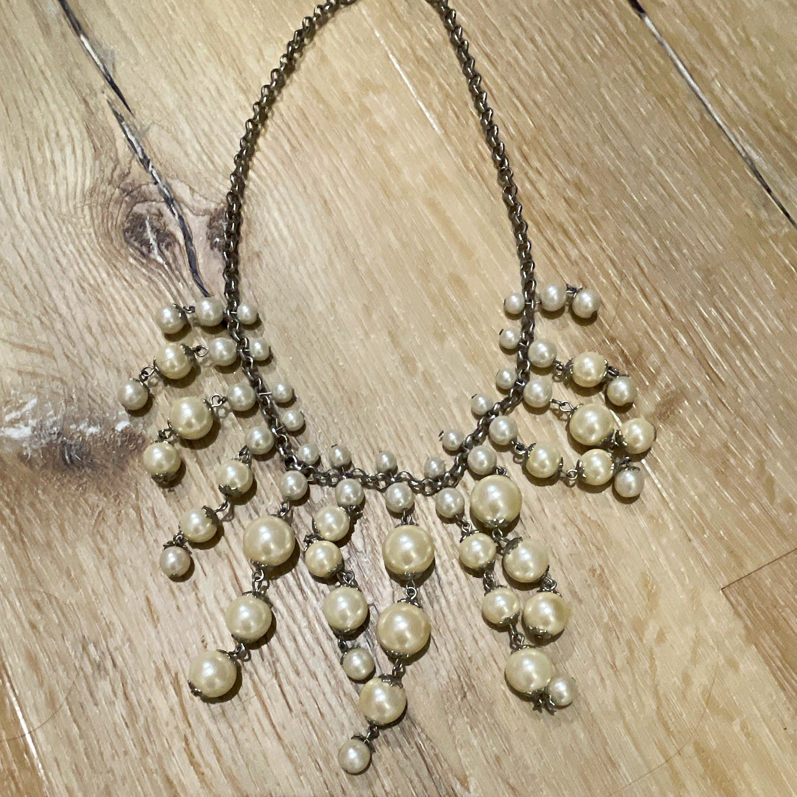 Statement Bib Beaded Necklace Simulated Cream Faux Pearls Gold Tone Metal