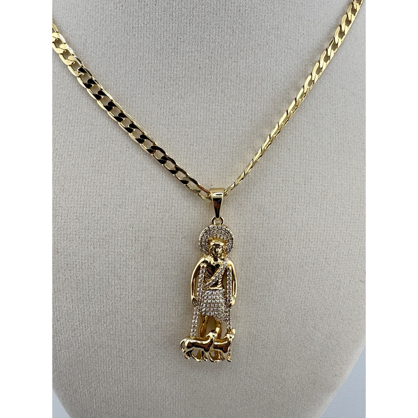 San Lazaro Pendant 14k Gold Plated 24 Inch Curb Chain Necklace Saint Lazarus CZ