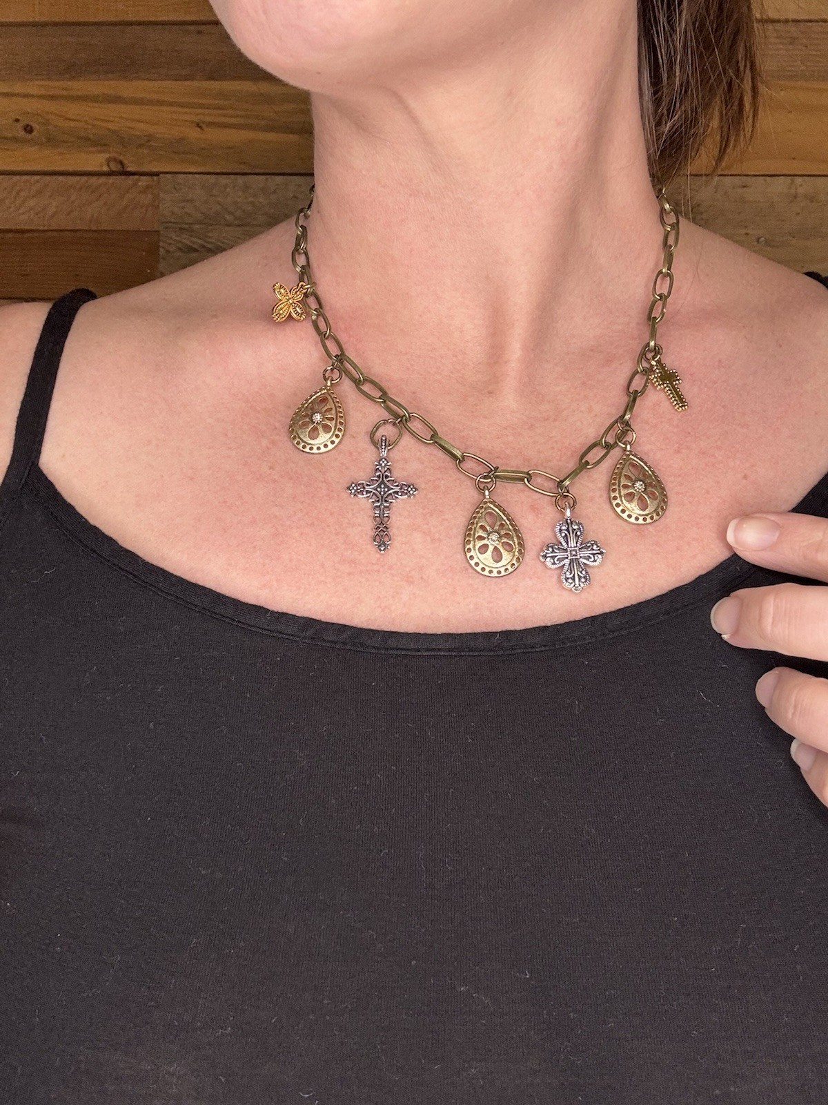 Handmade Necklace Multiple Crosses &Charms Mixed Metal Chunky Junk Jesus Jewelry