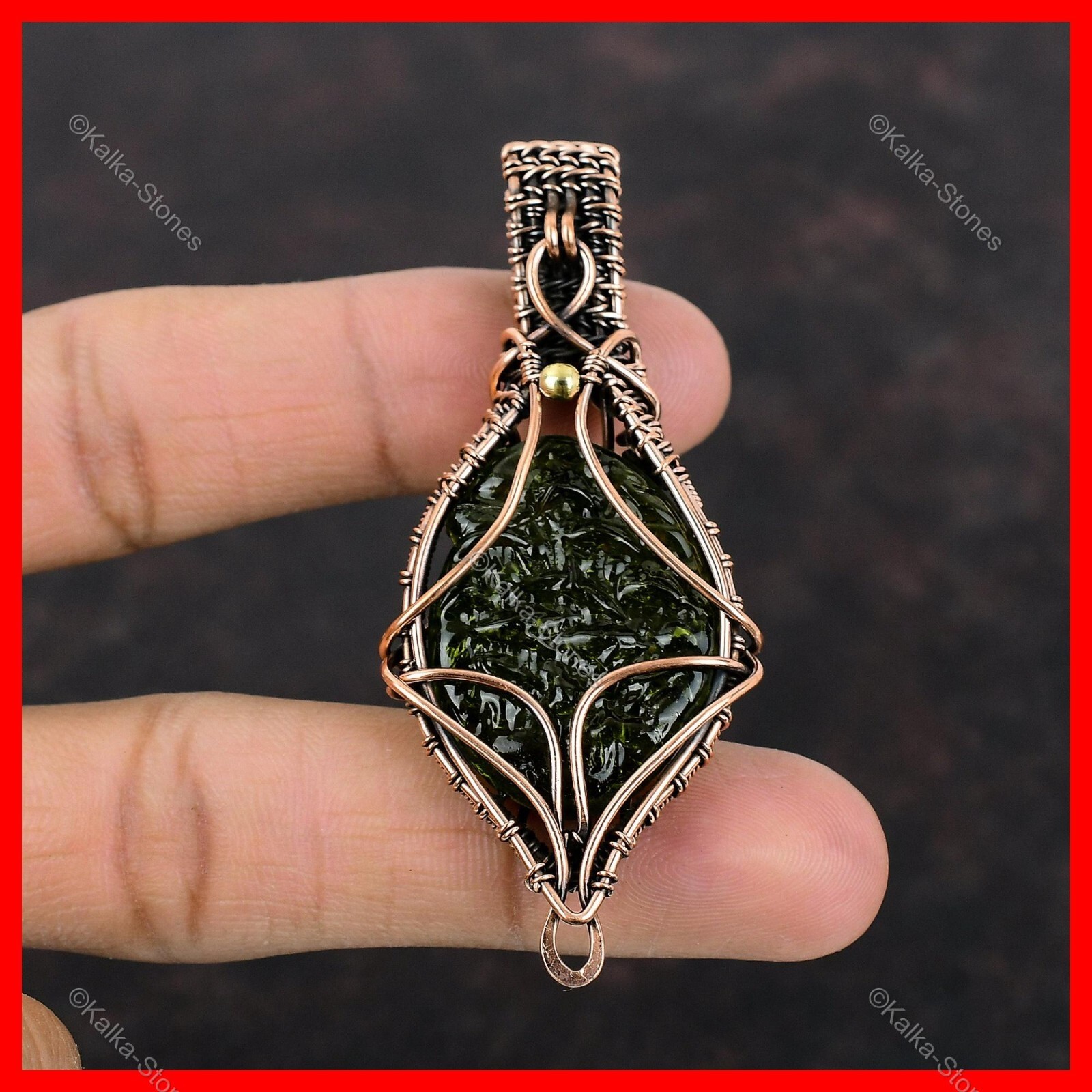 Copper Oval Moldavite Gemstone Boho Ethnic Wire Wrapped Third Eye Chakra Pendant