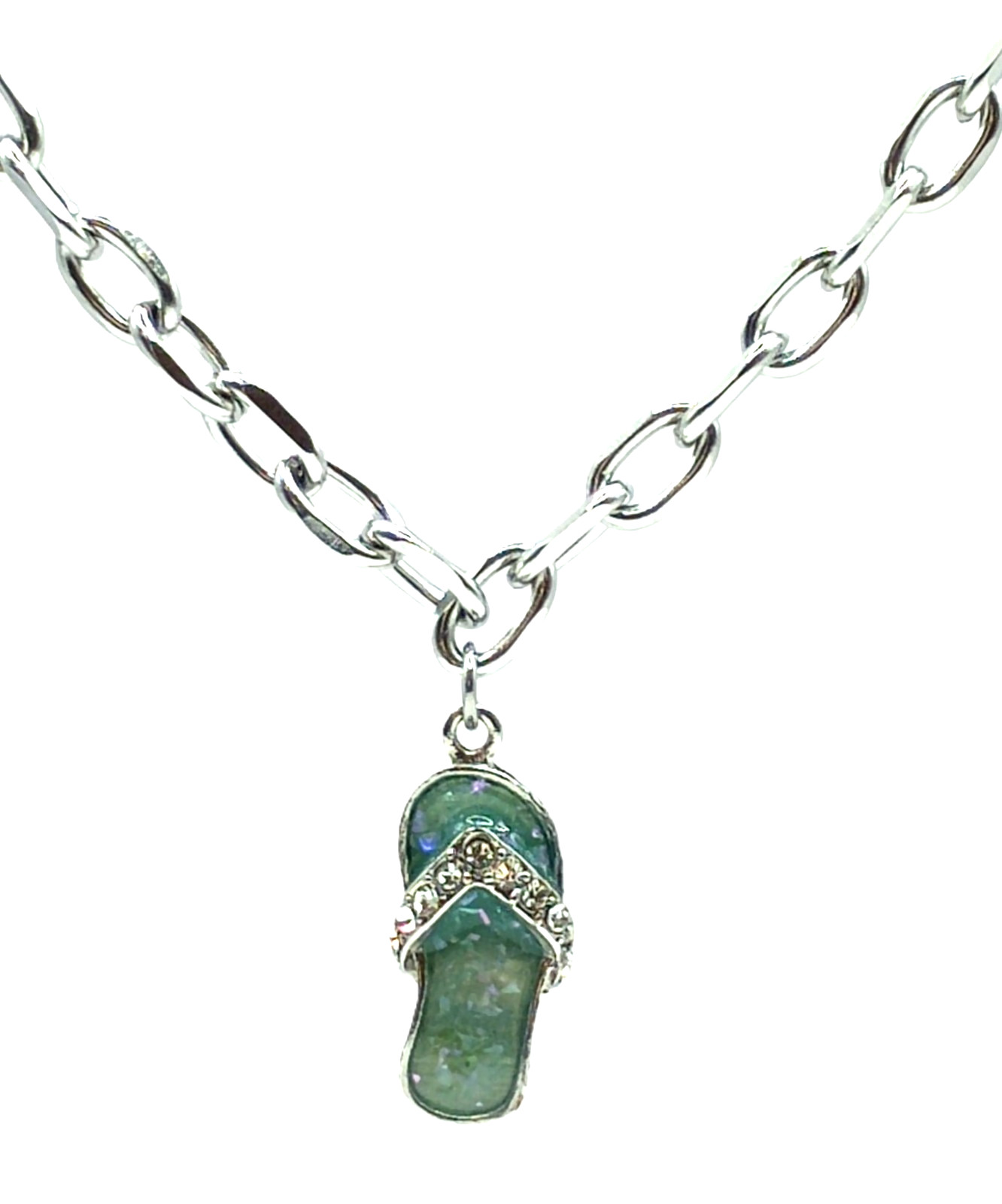 Flip Flop Necklace w/Rhinestone Strap | 316L Surgical Stainless Steel | Sea Blue