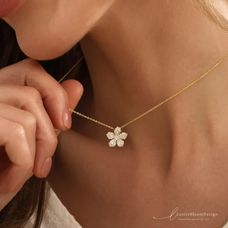 Flower Pendant Necklace Round Cut Simulated Diamond In 14k Yellow Gold Plated