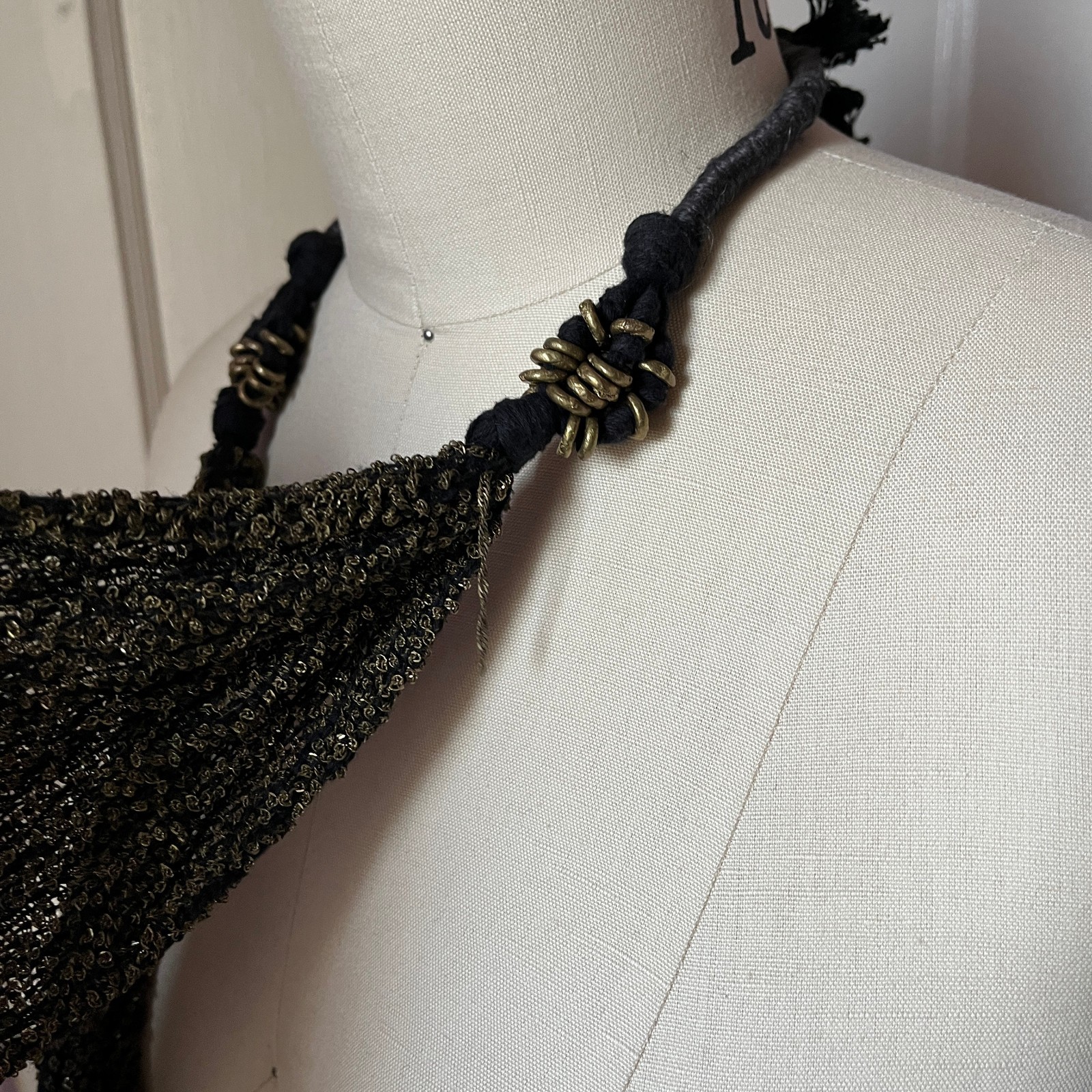Rhiannon Griego Statement Woven Necklace Textile Art Navy Blue with Brass
