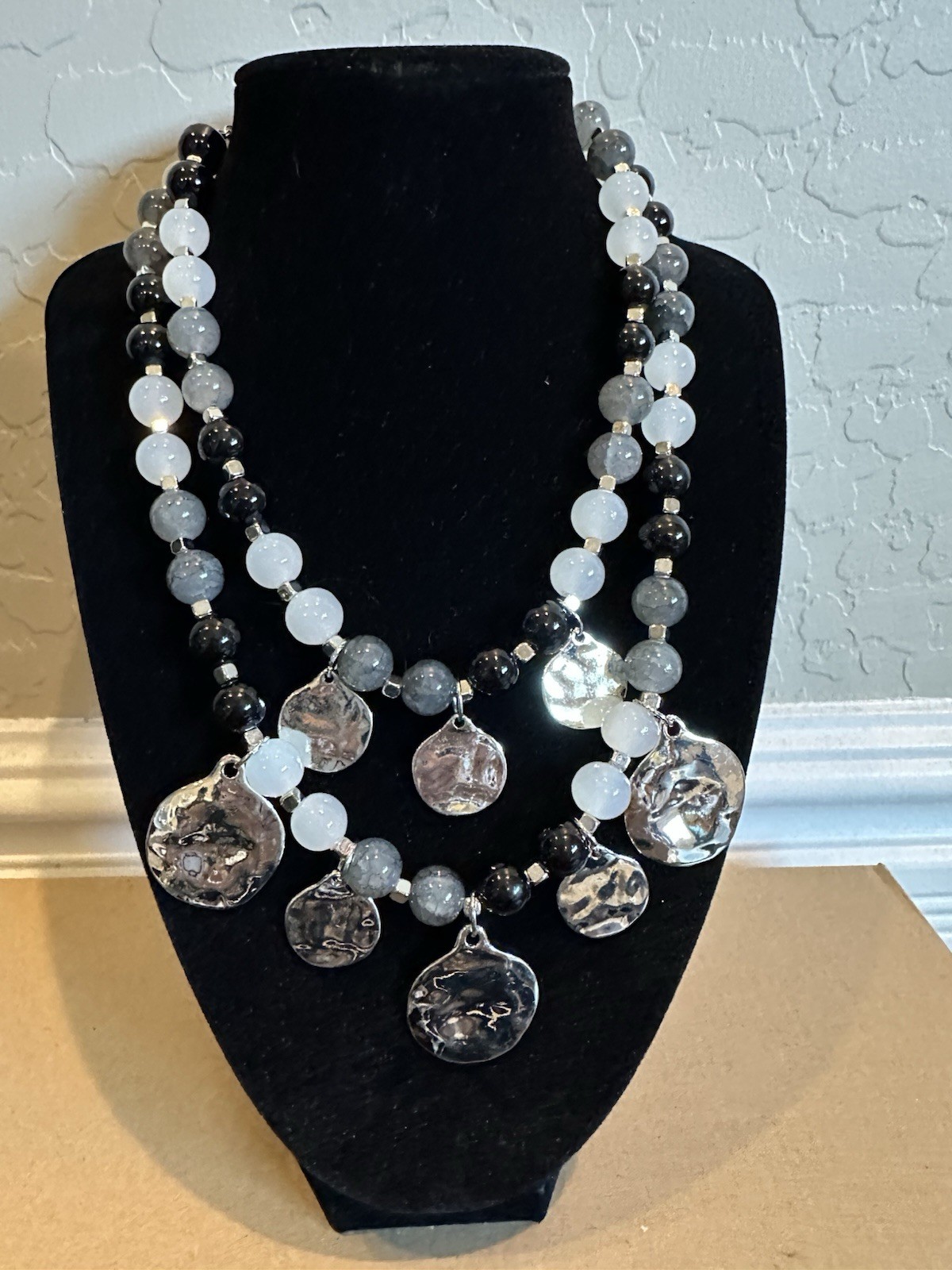 Layered Black & White Gray Beaded Statement Necklace w/ Silver Tone Disc Charms
