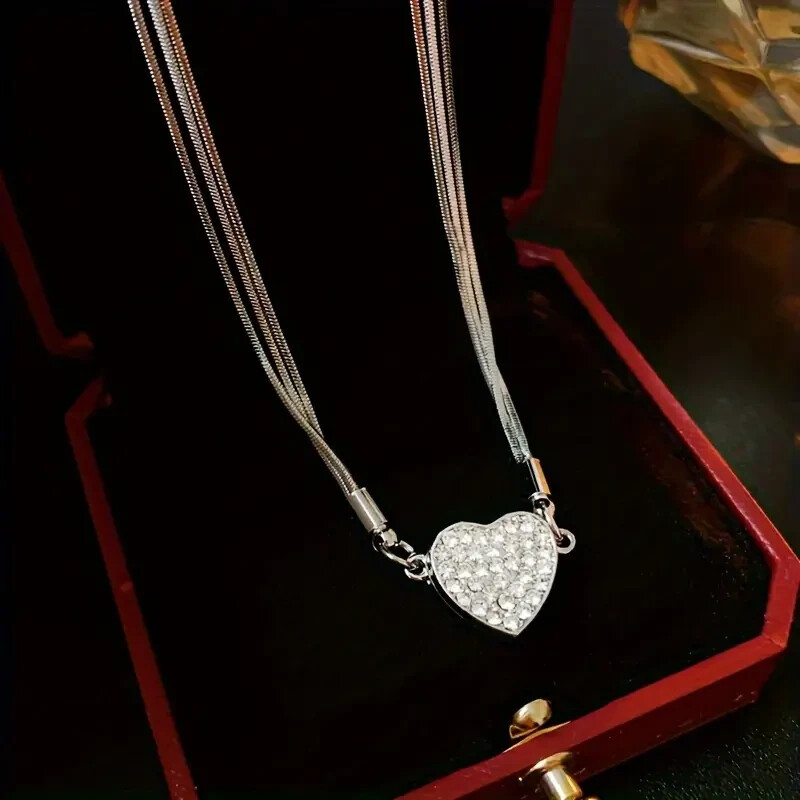 Magnetic 3 Layer Love Heart Shape Rhinestone Silvery Necklace Women Fashion Gift