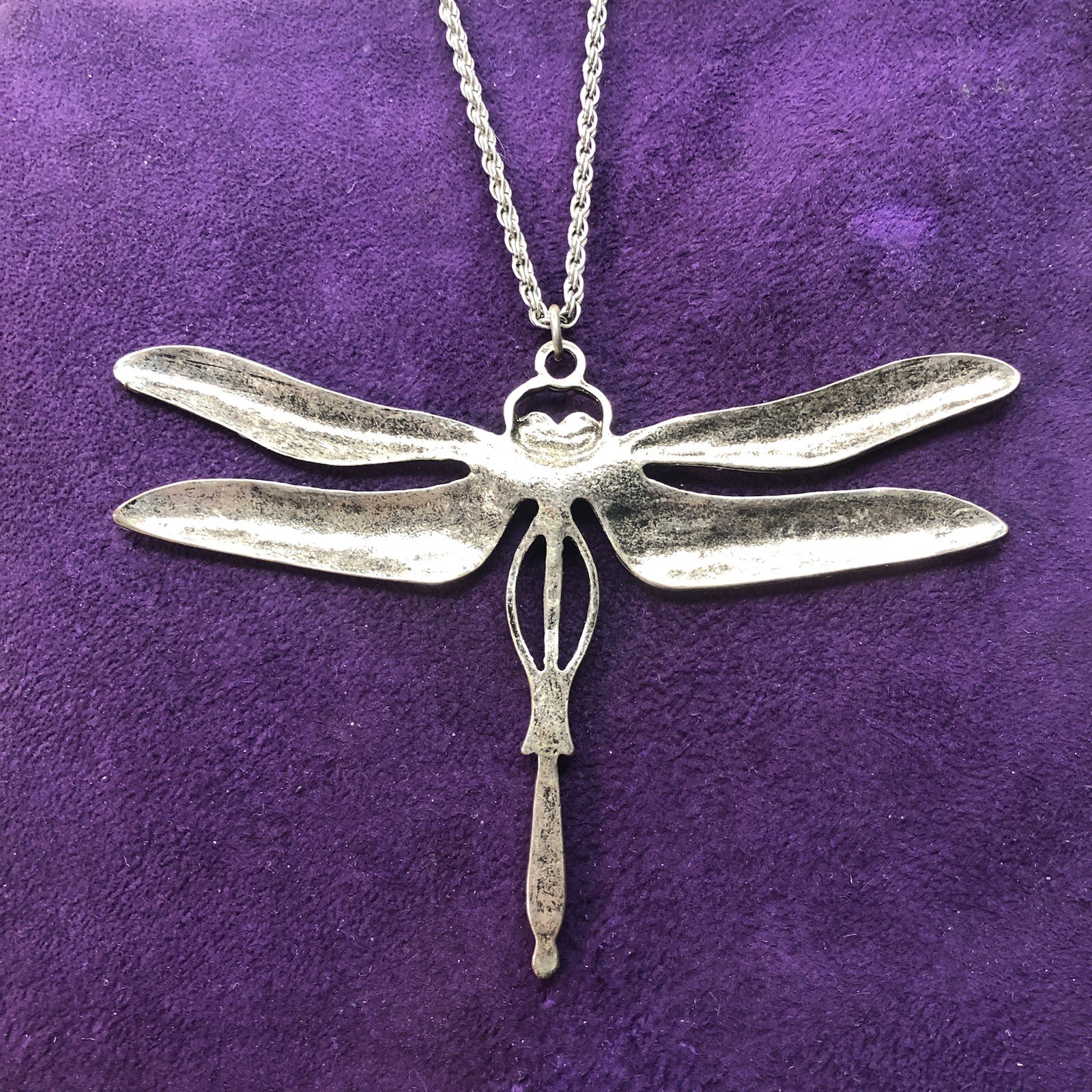 Dragonfly Enameled Necklace 3.75” Wide. 2 1/2” Long Silver Tone