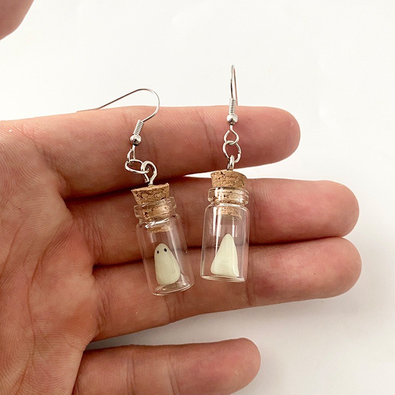 1P Ghost Earrings+1P Necklace Green Ghost In A Bottle Glow in The Dark Halloween
