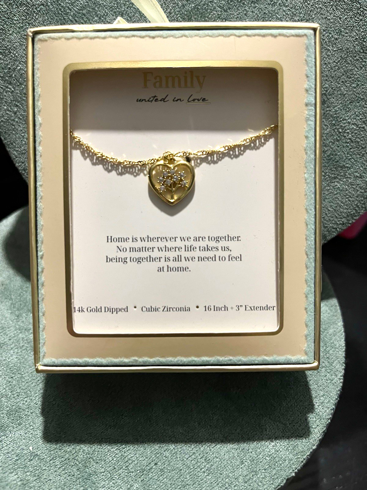 Target CZ Heart Pendant family tree Necklace Gold Plated Rope Chain 16+3in Adj
