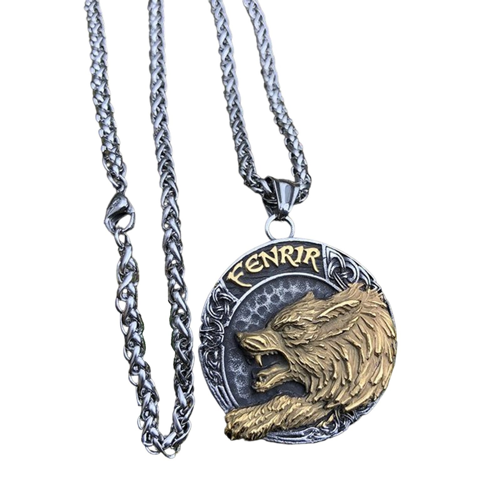 Fenrir Wolf Necklace Gold Silver Stainless Steel Helm of Awe Viking Pendant