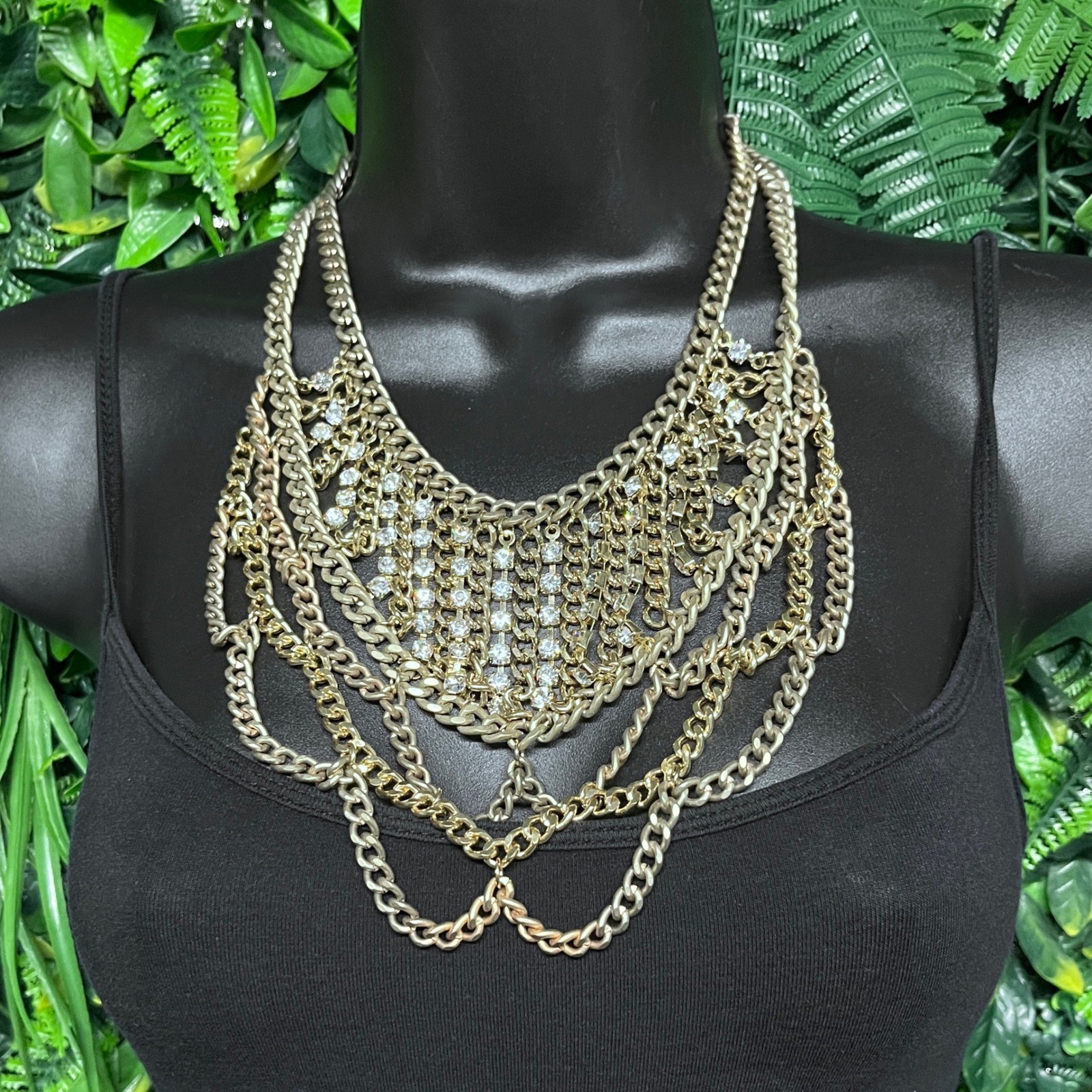 Statement Bib Necklace Gold Tone Multi Layered Rhinestone Curb Chain Chunky 3817