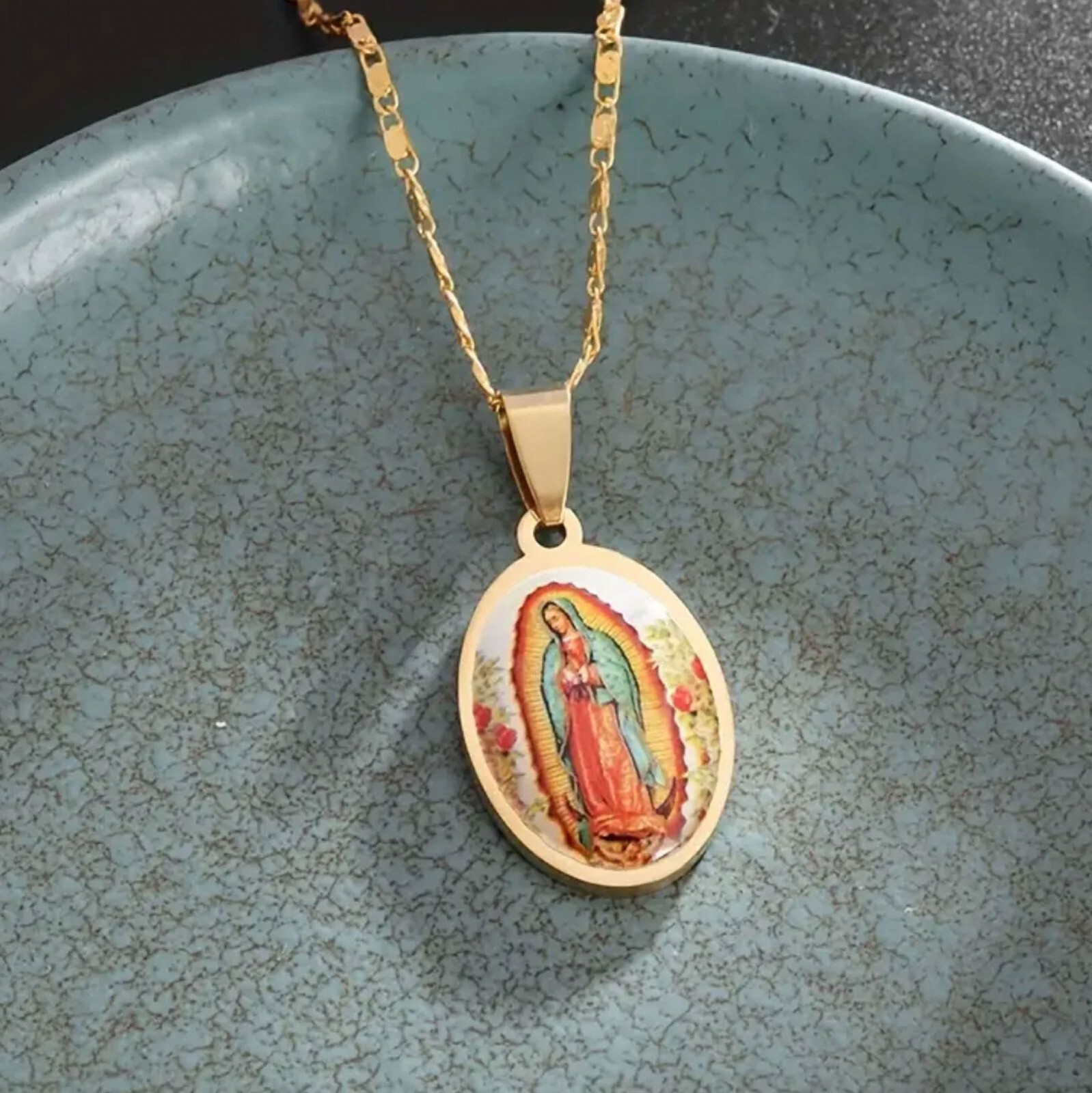 Vintage Golden Virgin Mary Oval Pendant Necklace, Gift for Religious Believers