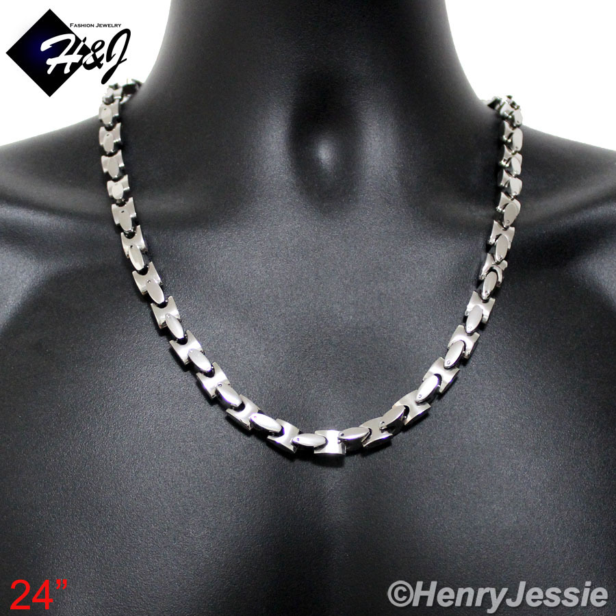 18″-40″MEN Stainless Steel HEAVY 8mm Silver Interlock Bones Link Chain Necklace